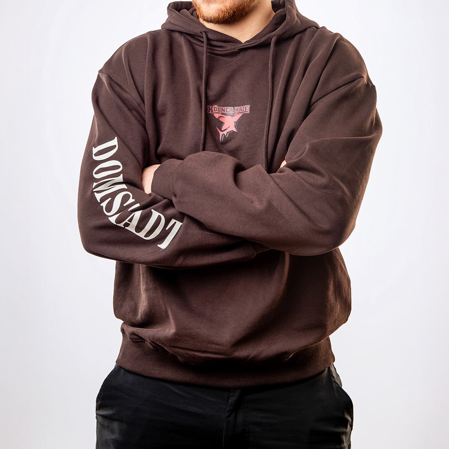 Hoodie, Brauner Hoodie, Langarmshirt mit Kapuze, Kordelzug, Bedruckte Ärmelseite
