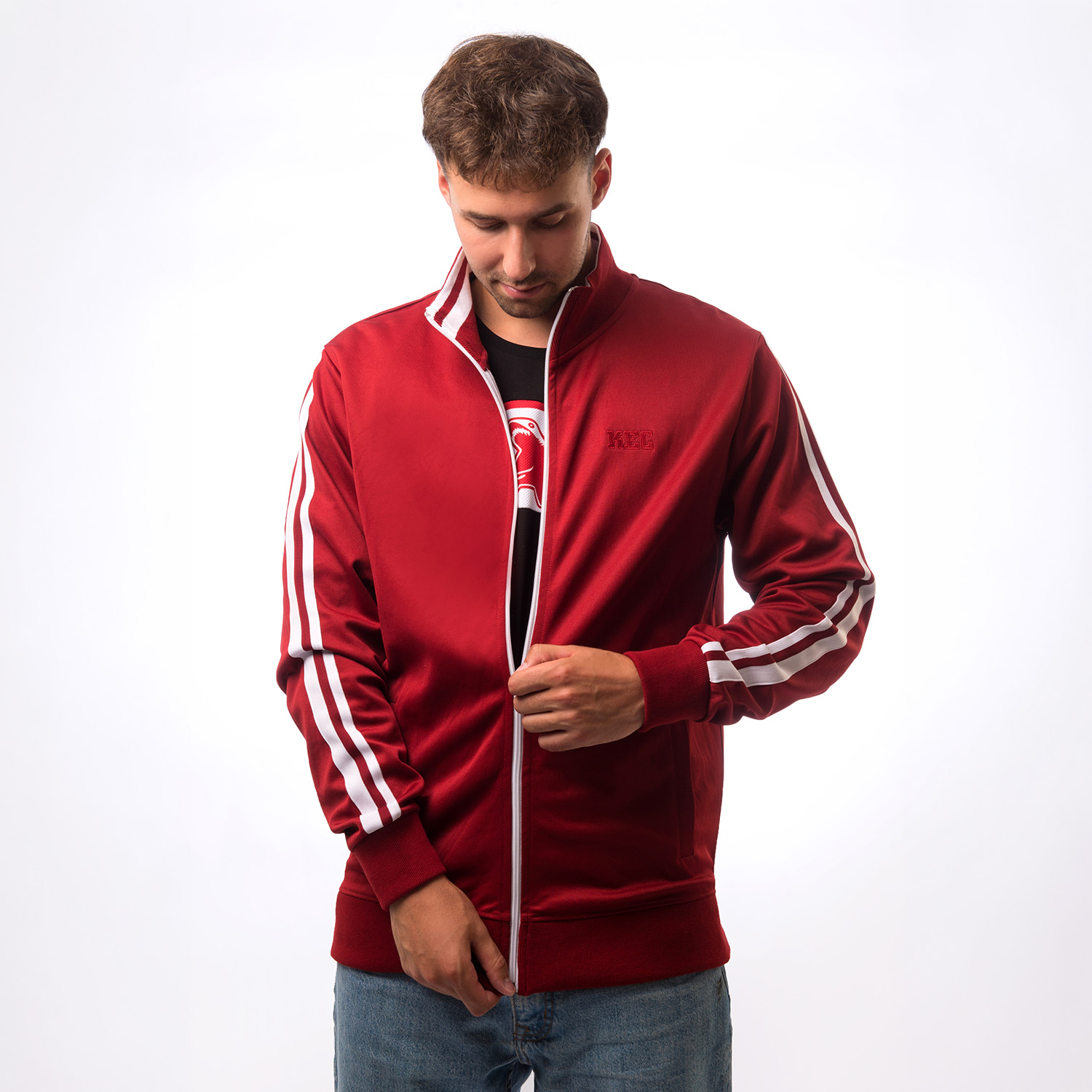 rot-weiße Trainingsjacke, Reißverschlussjacke, Sportswear, Langarmjacke, Baumwollmischung