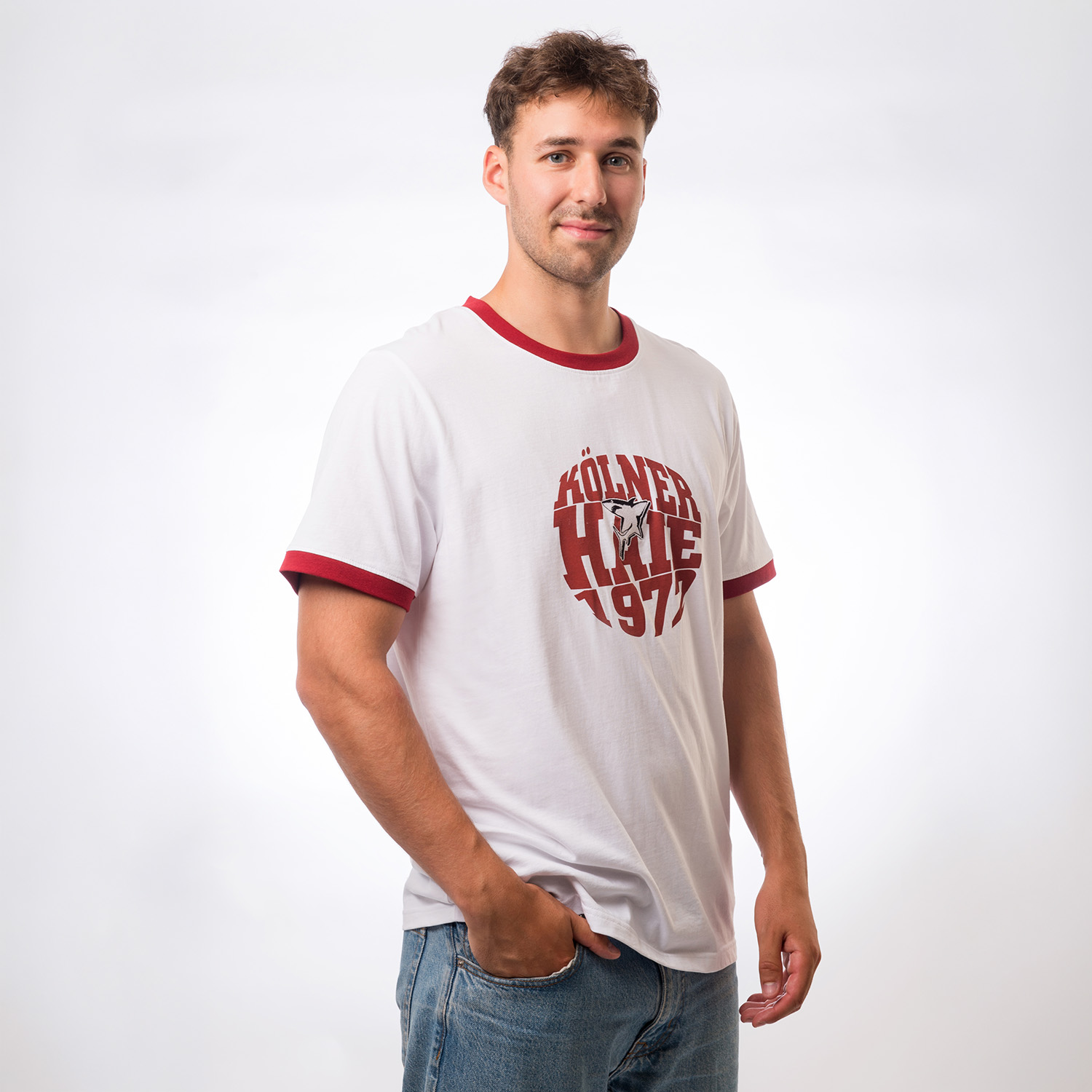 T-Shirt, Weiß, Rote Bündchen, Grafikprint, Casualwear