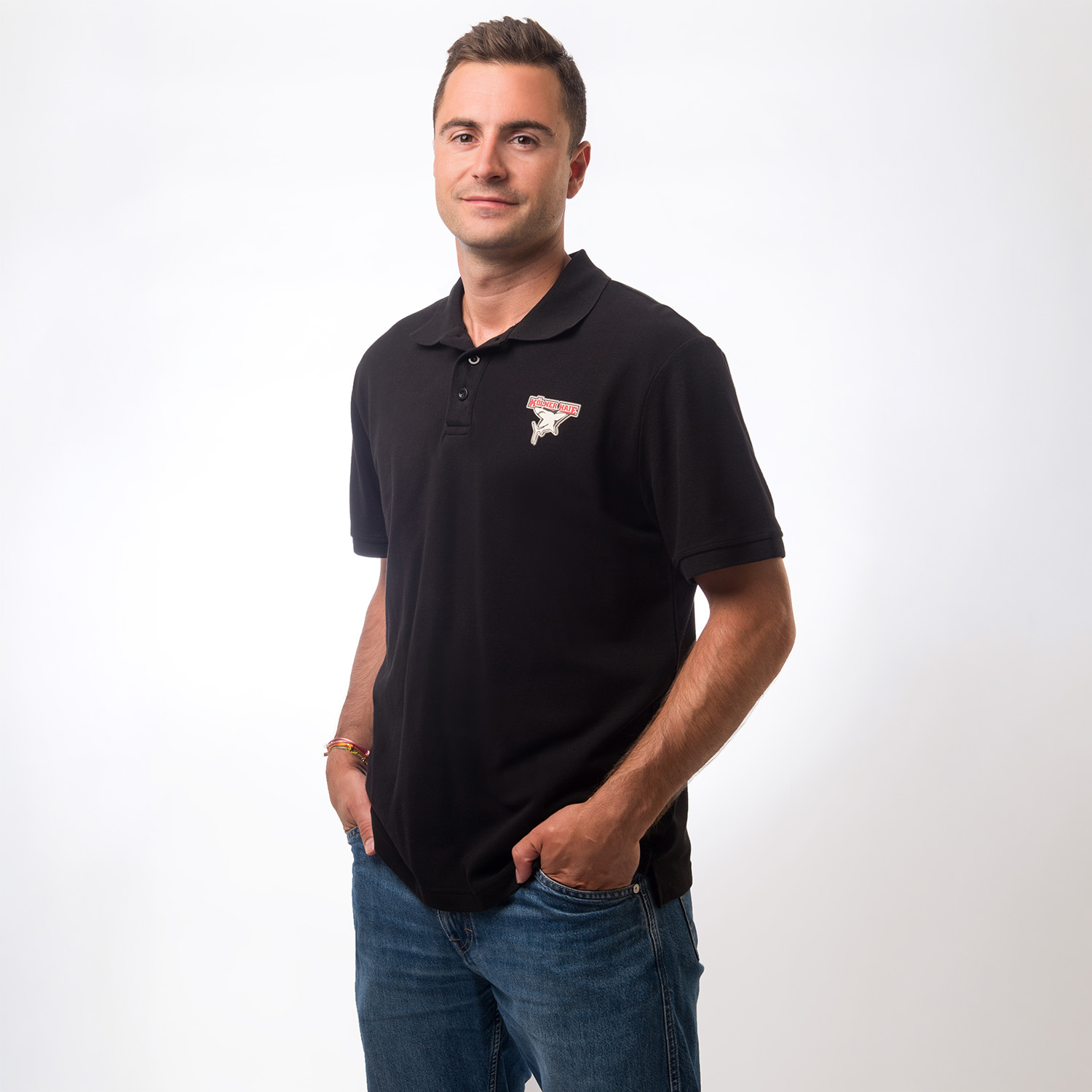 Polohemd, schwarz, kurzarm, Logo-Patch, Jeans