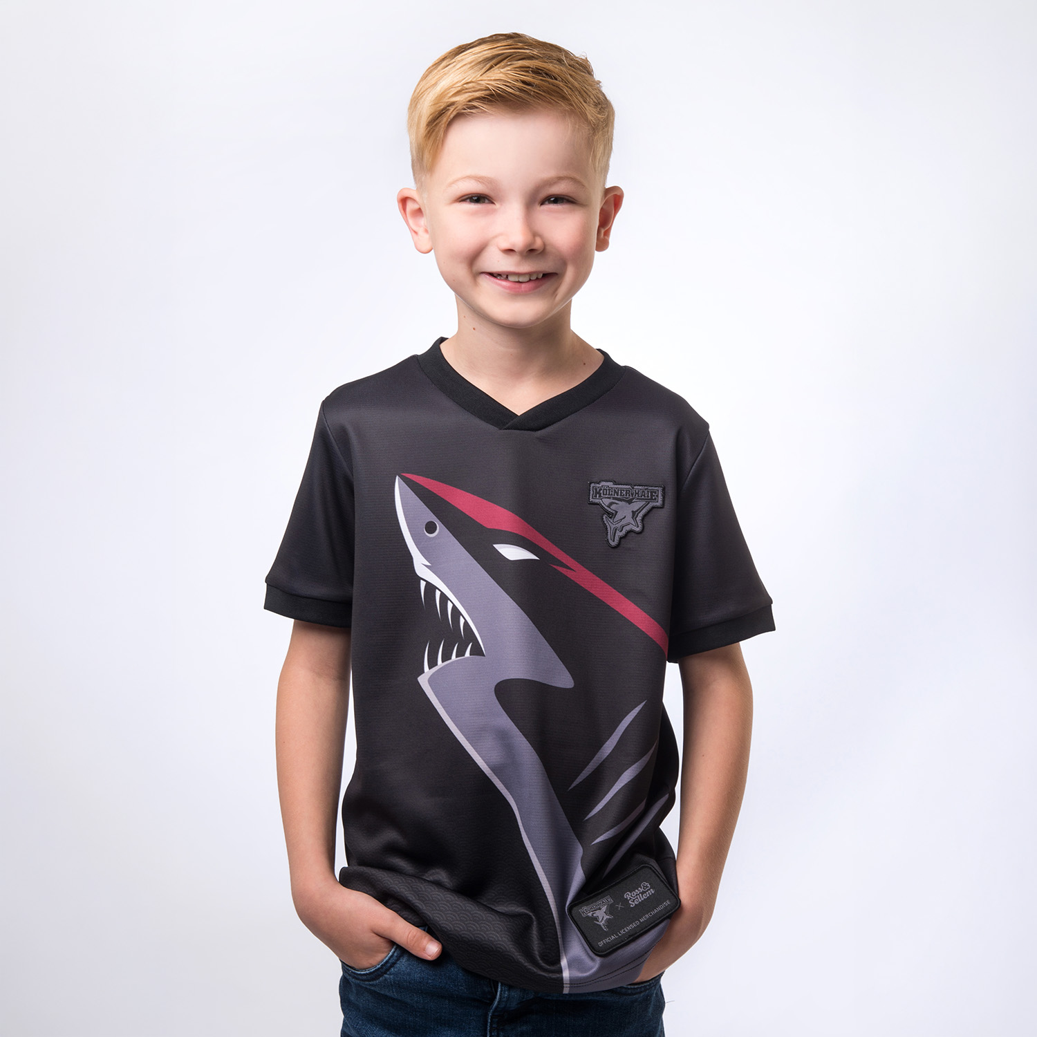Jungen-T-Shirt, Dinosaurier-Print, Schwarz, Kurzarm, V-Neck