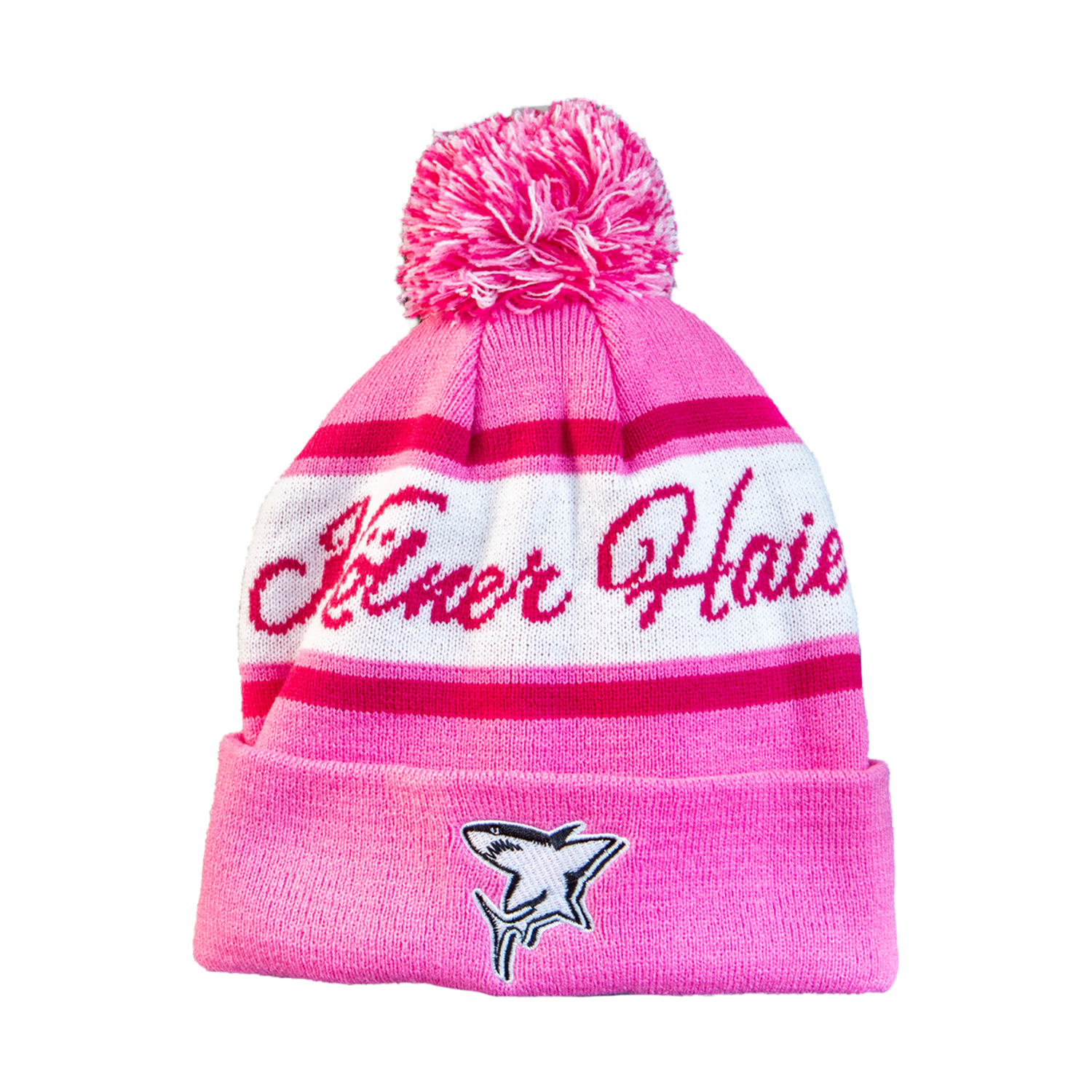 Strickmütze, Bommel, Pink-weiß gestreift, Umschlagbund, Hai-Aufnäher