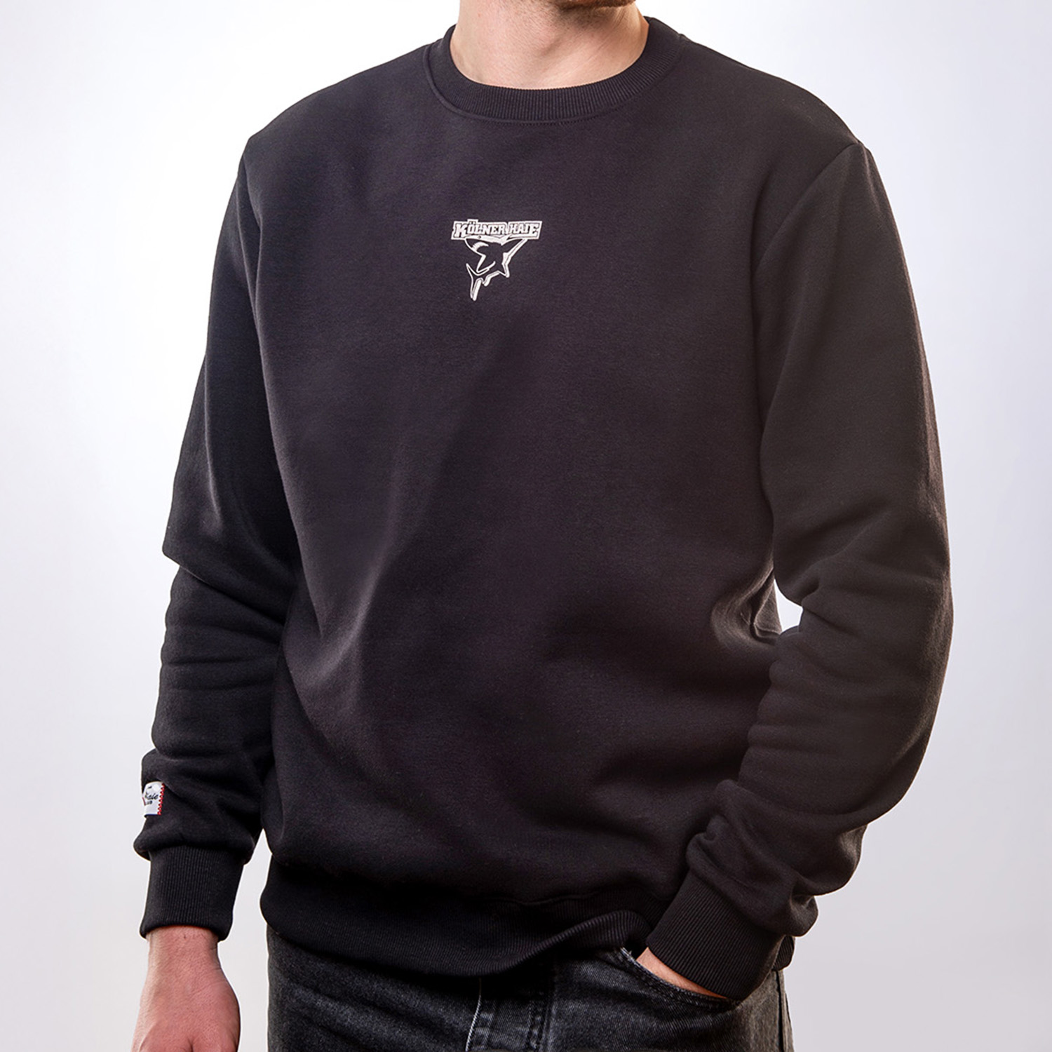 Schwarzer Sweater, Fleckarm-Sweatshirt, Kleidung, Logo-Print, Schwarz