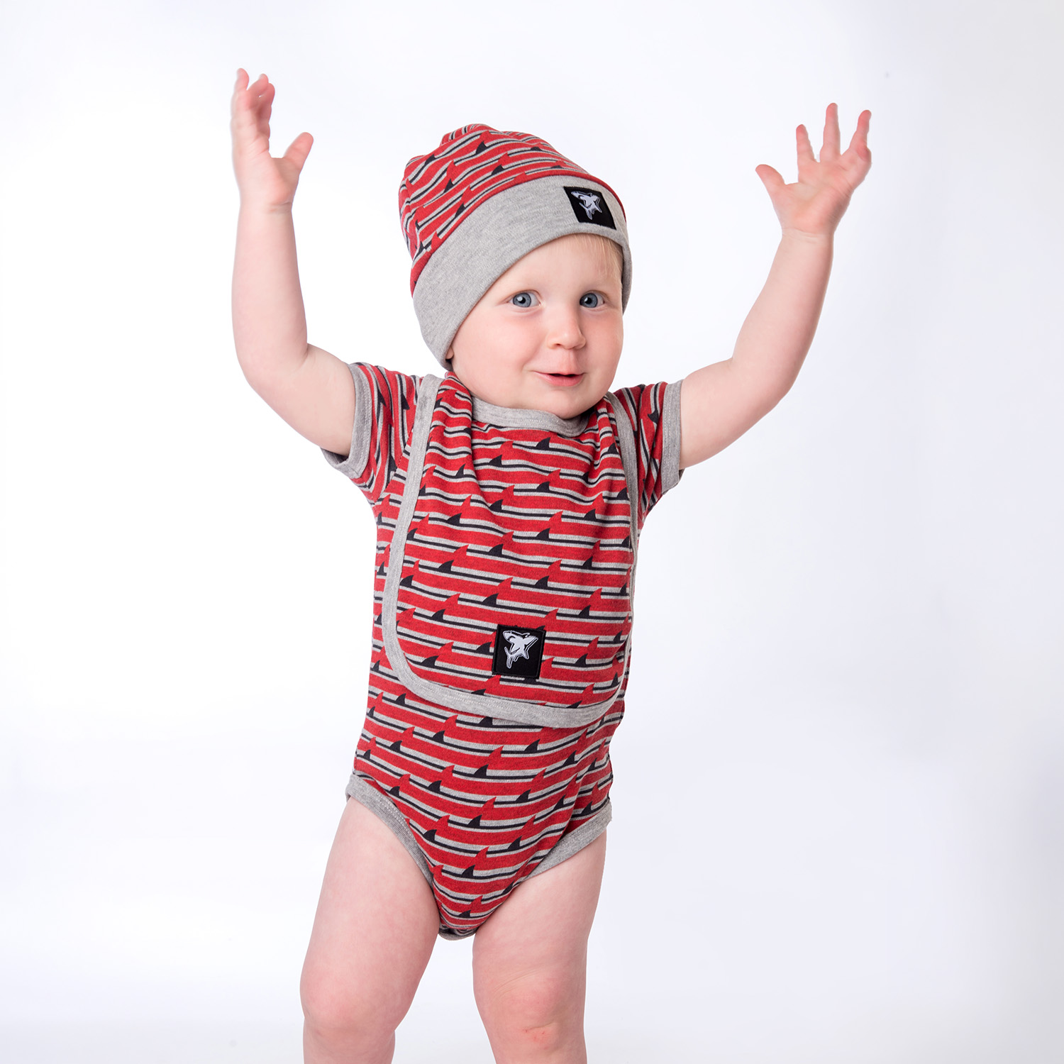 Baby, Onesie, Streifen, Mütze, Grau-Rot