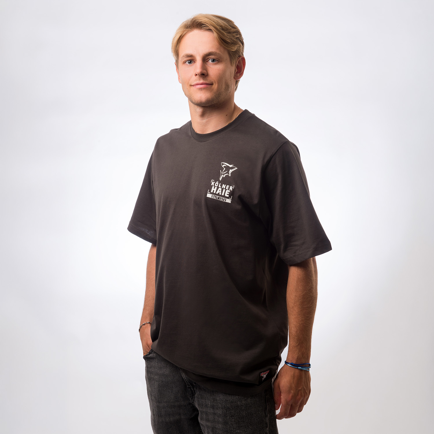 T-Shirt, Kurzarm, Schwarz, Logo-Print, Kragenlos