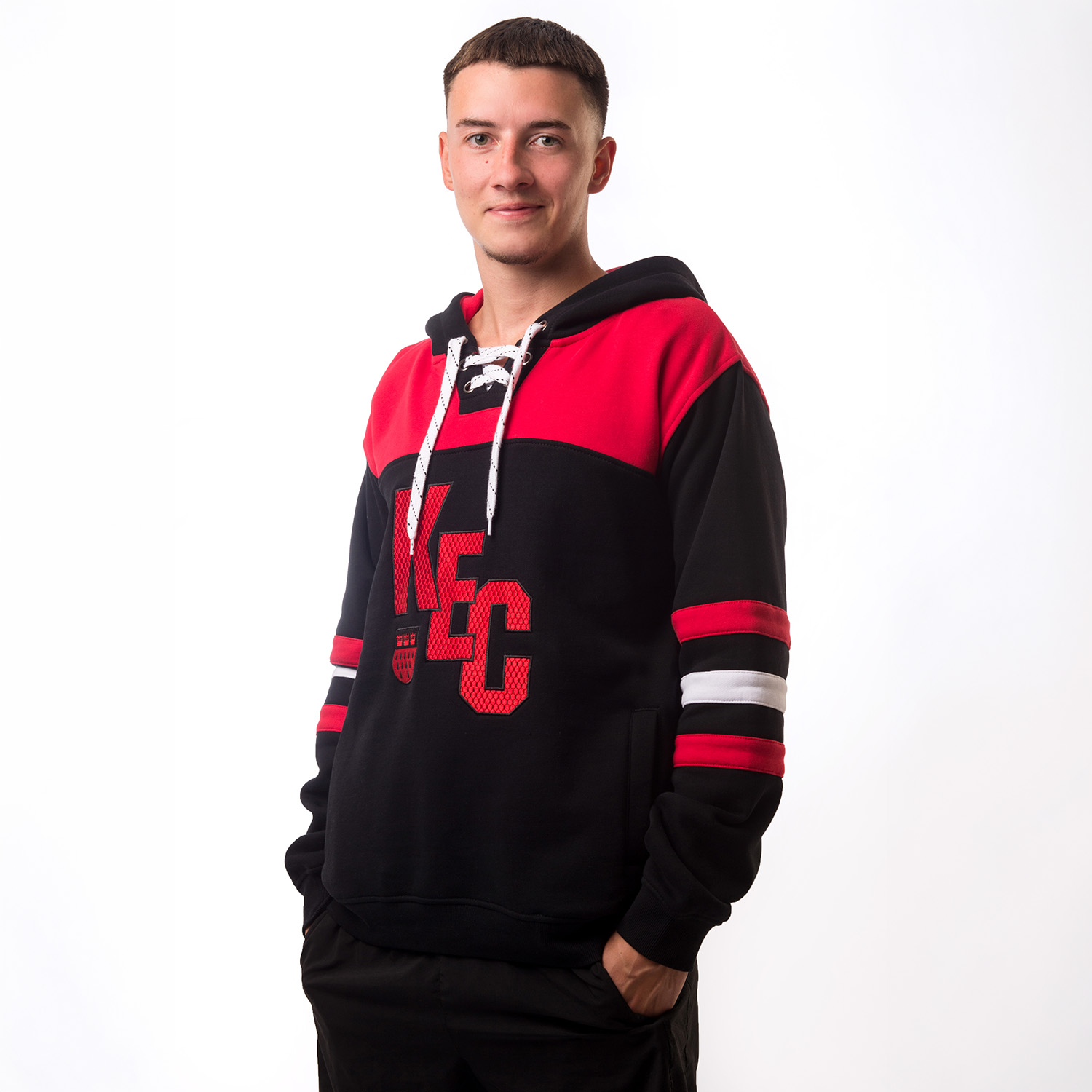 Hoodie, Sweatshirt, Hooded sweatshirt, Black red colorblock, Lace-up neckline
