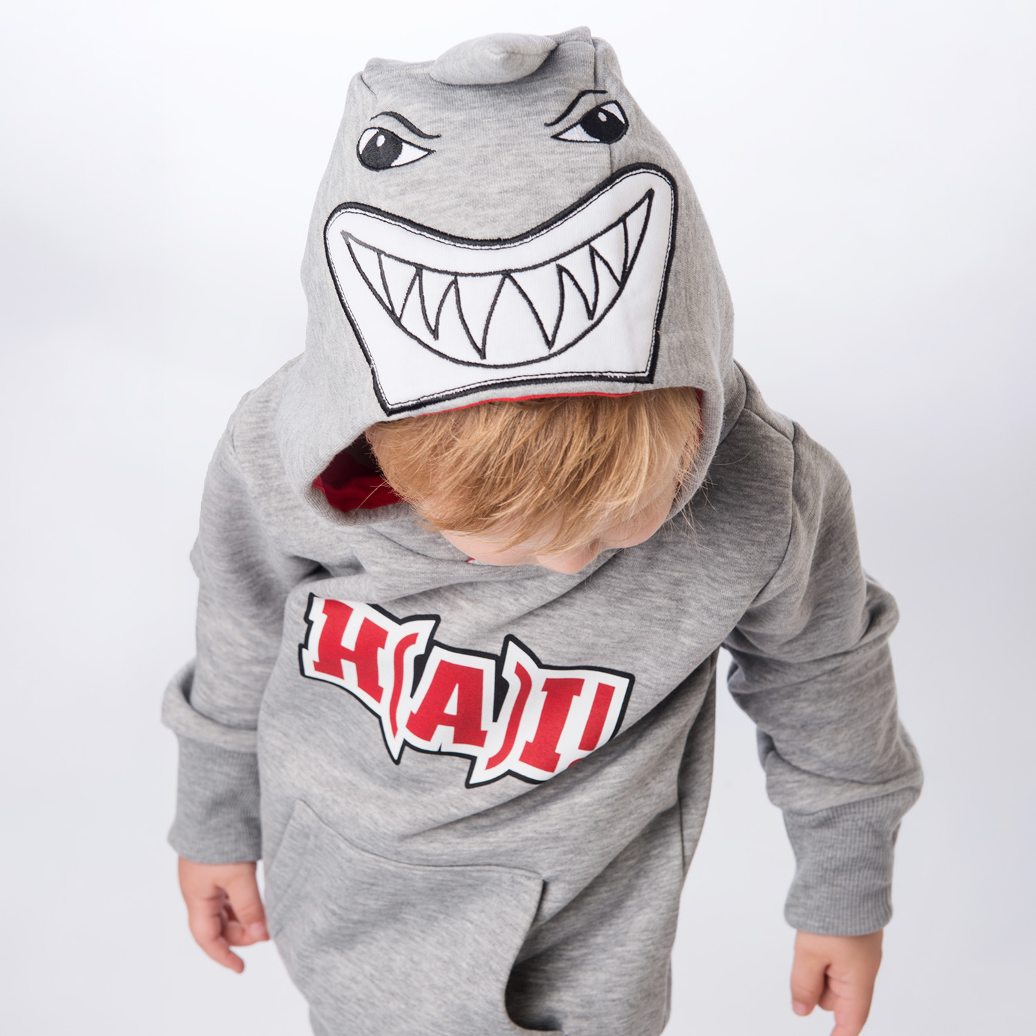 Hoodie, Grau, Kind, Hai-Gesicht, Grafikdruck