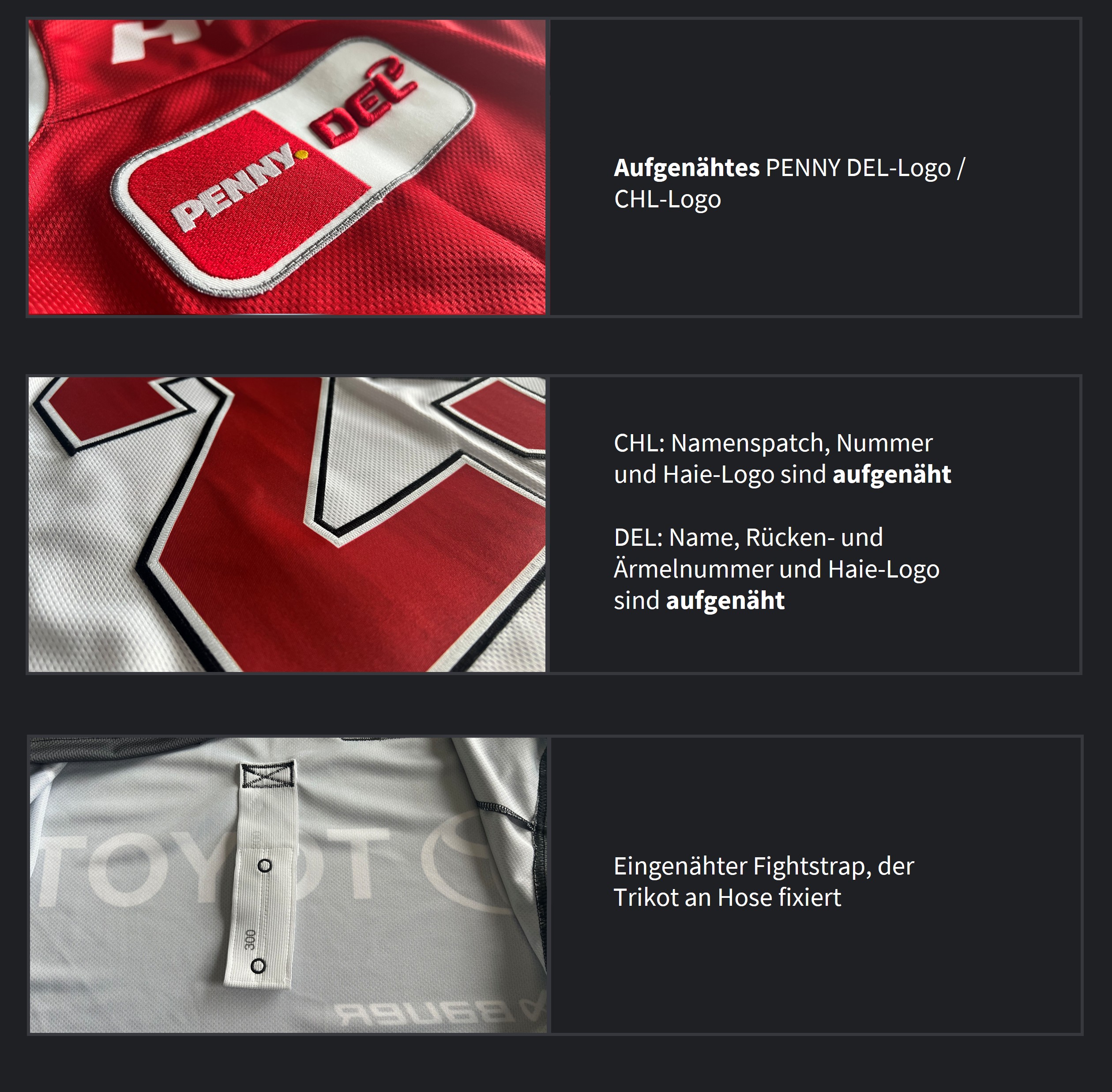 Penny DEL-Logo, CHL-Logo, Namenspatch, Rücken- und Ärmelnnummer, Haie-Logo