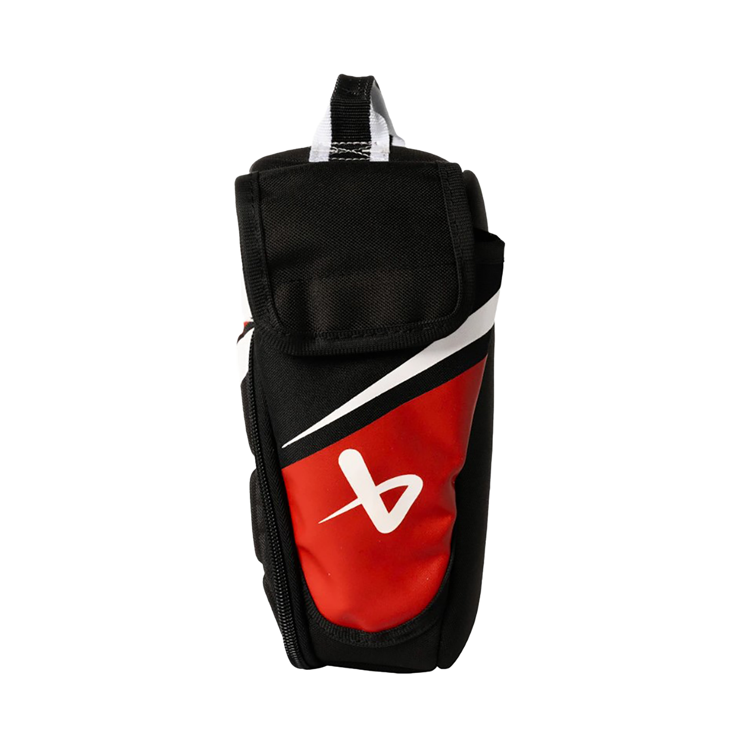 Schwarze Lunch-Tasche mit gepolsterter Front und grafischem Design in Rot, Weiß und Schwarz. Auf der Seite ist ein weißes Bauer-Logo auf rotem Hintergrund. Seitansicht