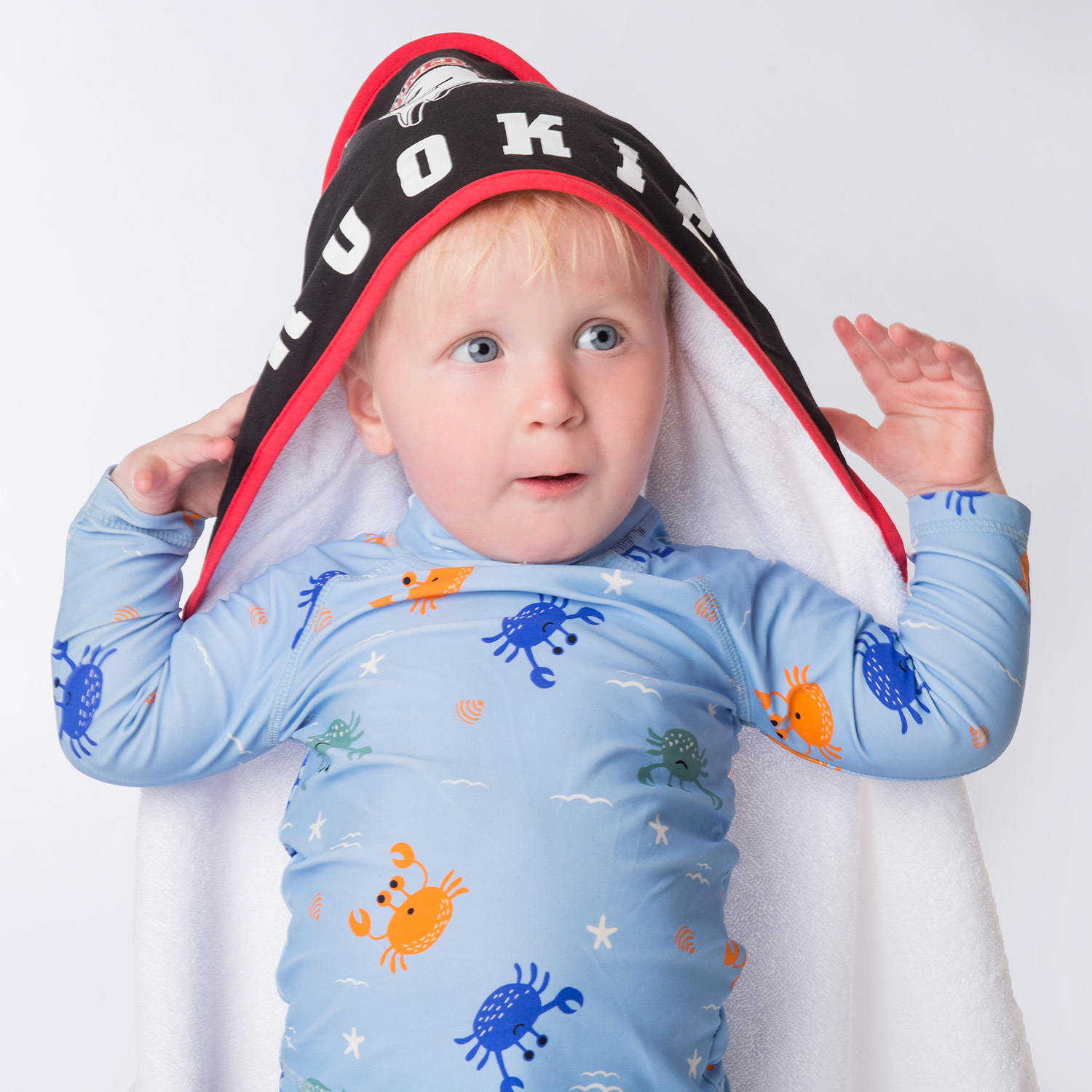 baby, Schwimmanzug, Einteiler, Krabbenmuster, Kapuzentuch