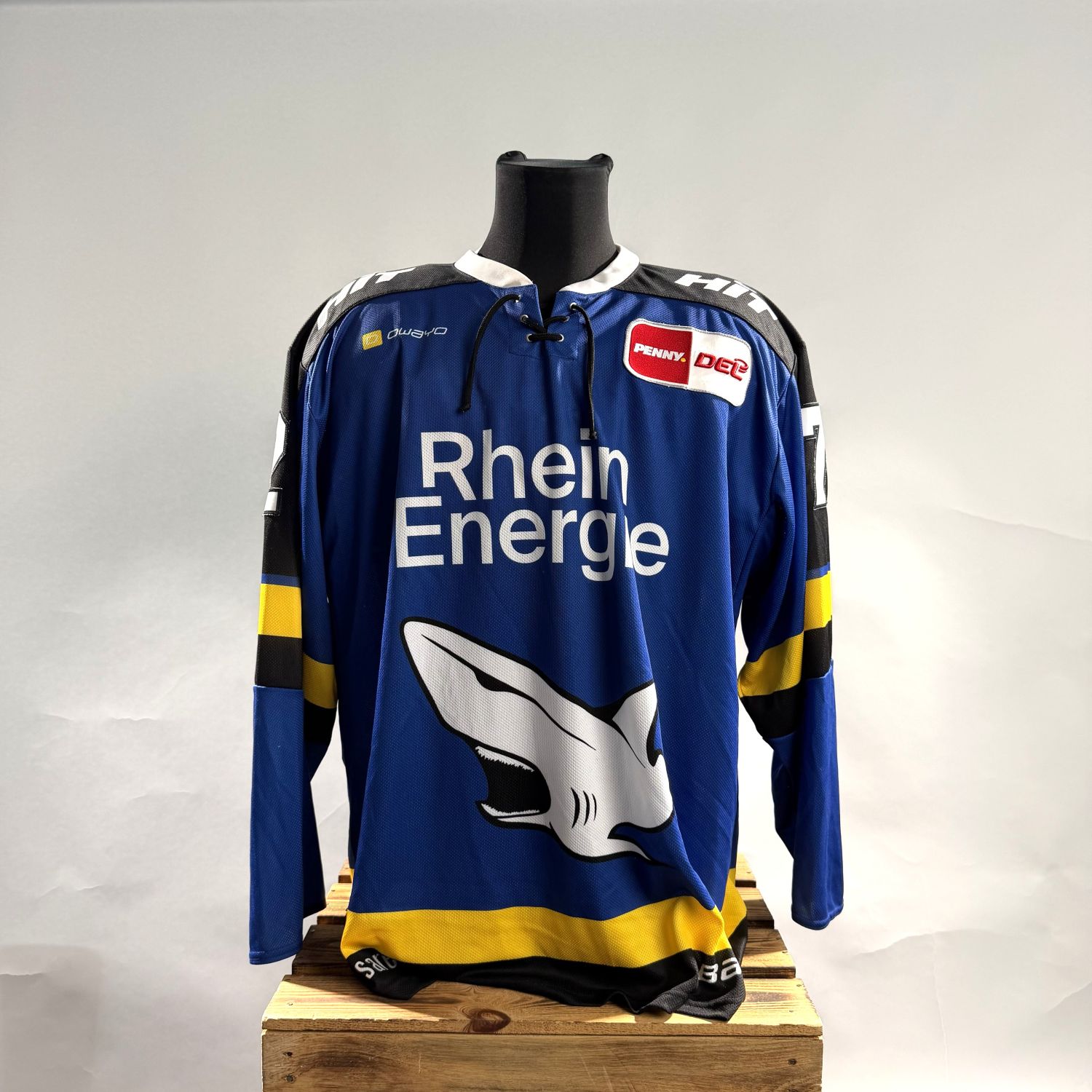 Eishockey-Trikot, RheinEnergie, Blaues Trikot, Langarm, Großes Haien-Logo