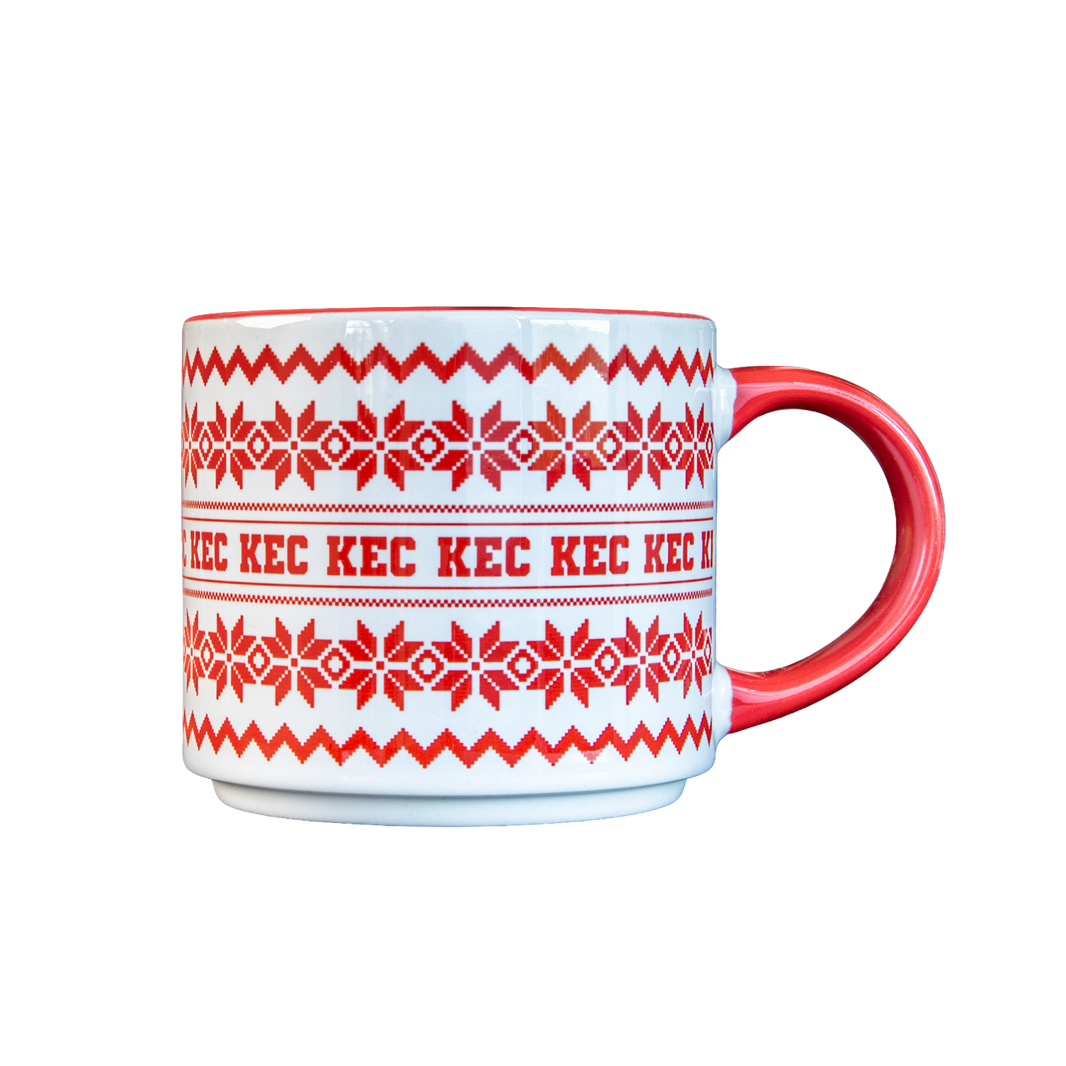 Becher, Keramik, rote Muster, Strickmuster, Henkel rot