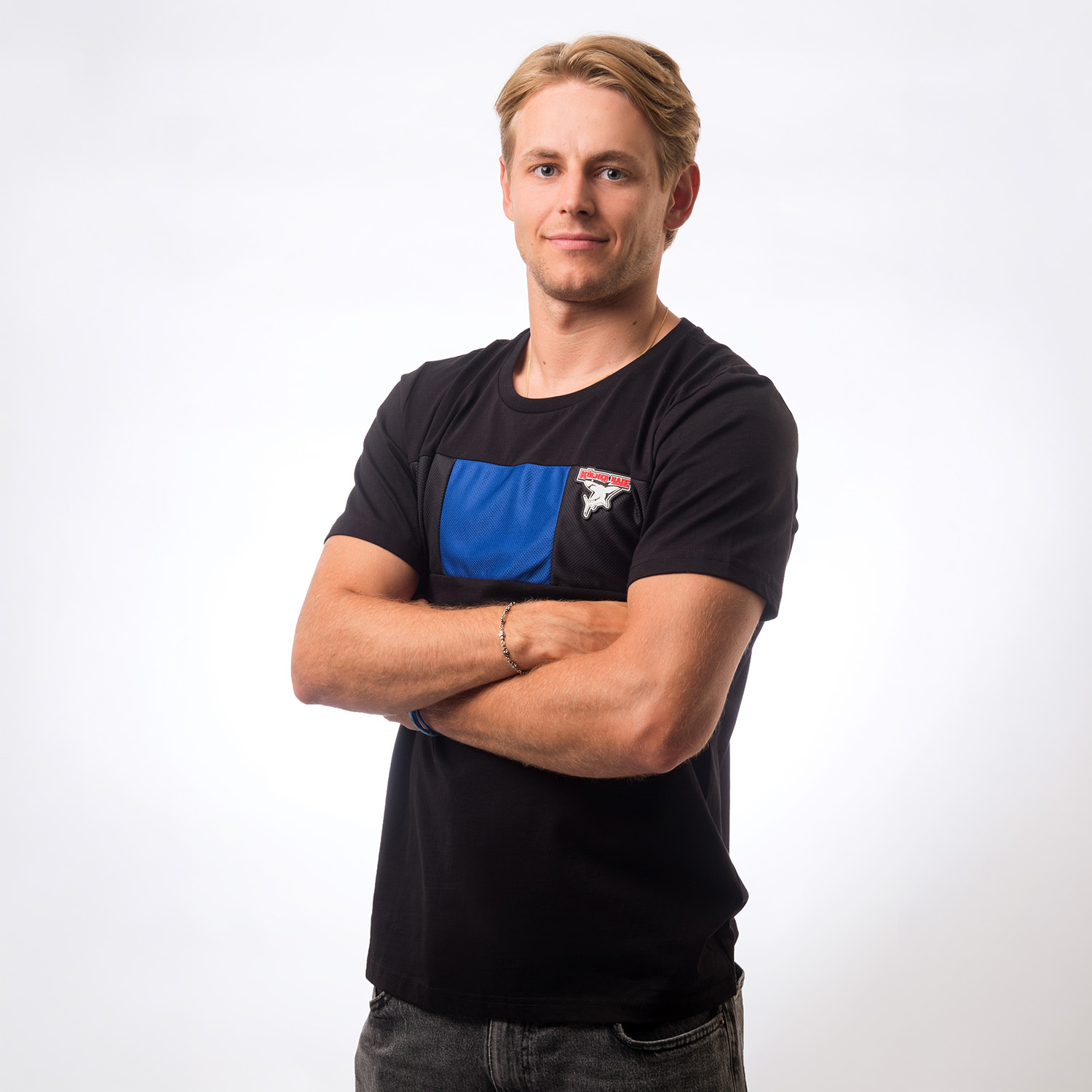 T-Shirt, Schwarz, Blaues Panel, Kurzärmelig, Mann