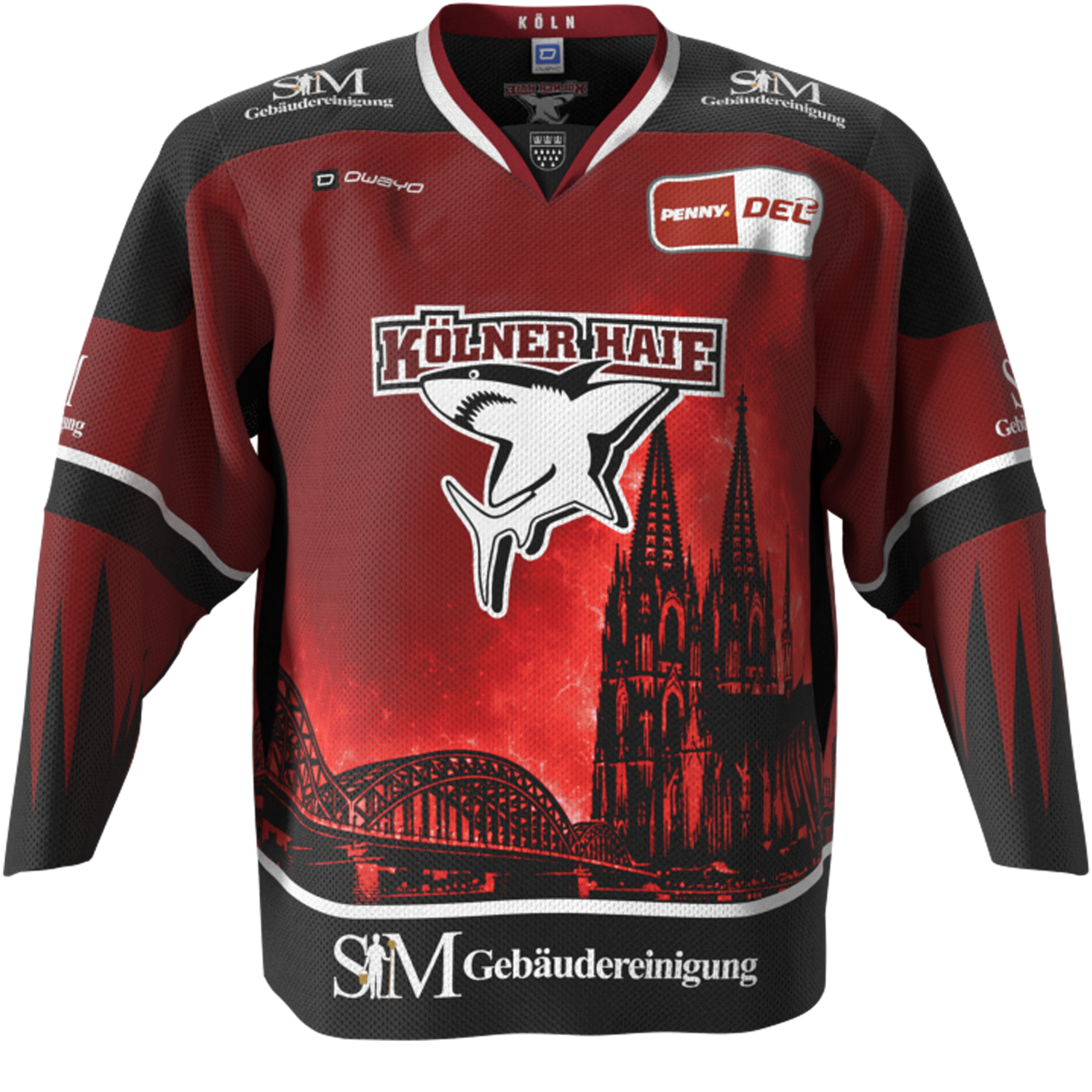 Eishockey-Trikot, rotes Trikot, Team-Trikot, Kathedralensilhouette, Brückenszene