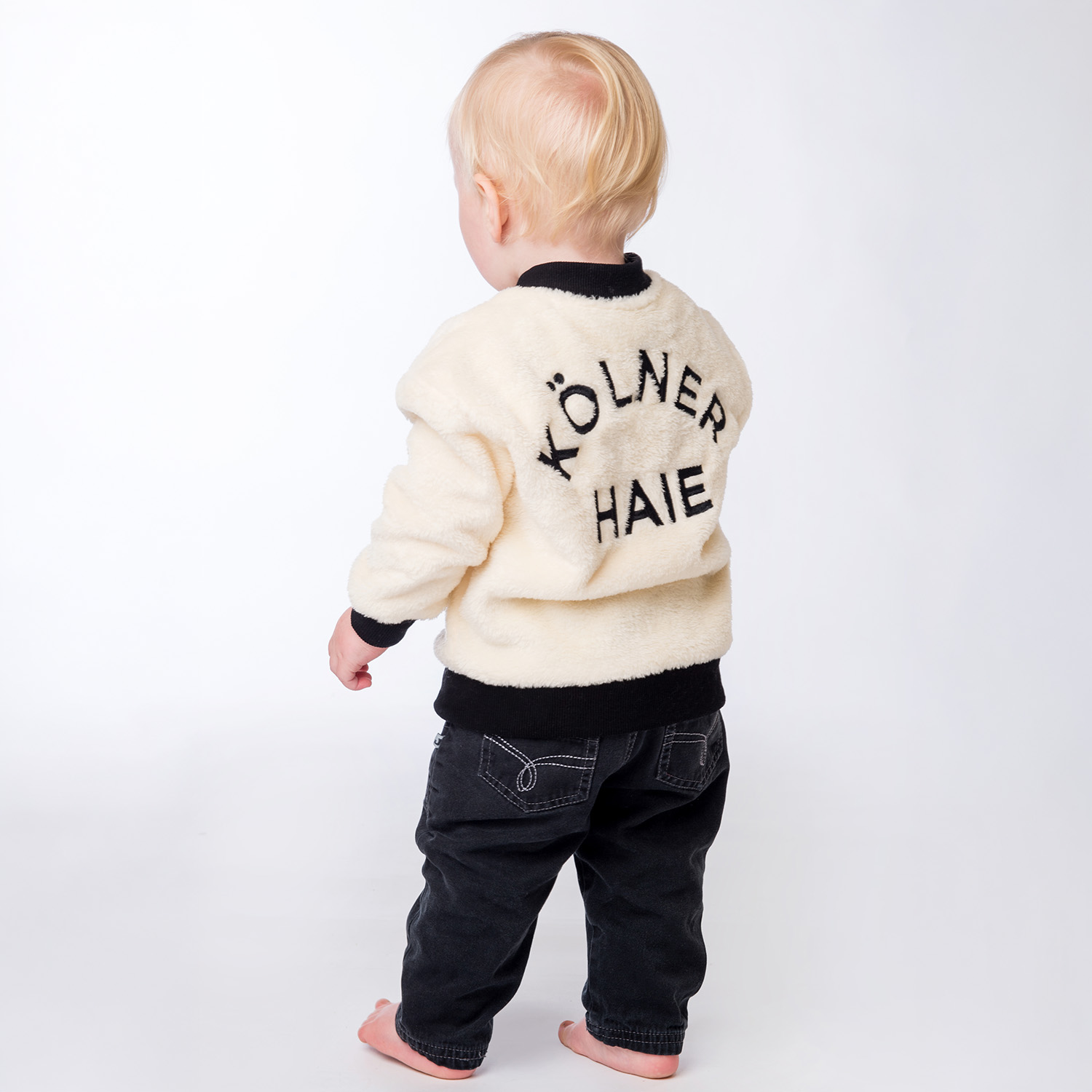 Baby-Jacke, Fleece, Creme, schwarzer Rand, Aufdruck Rücken