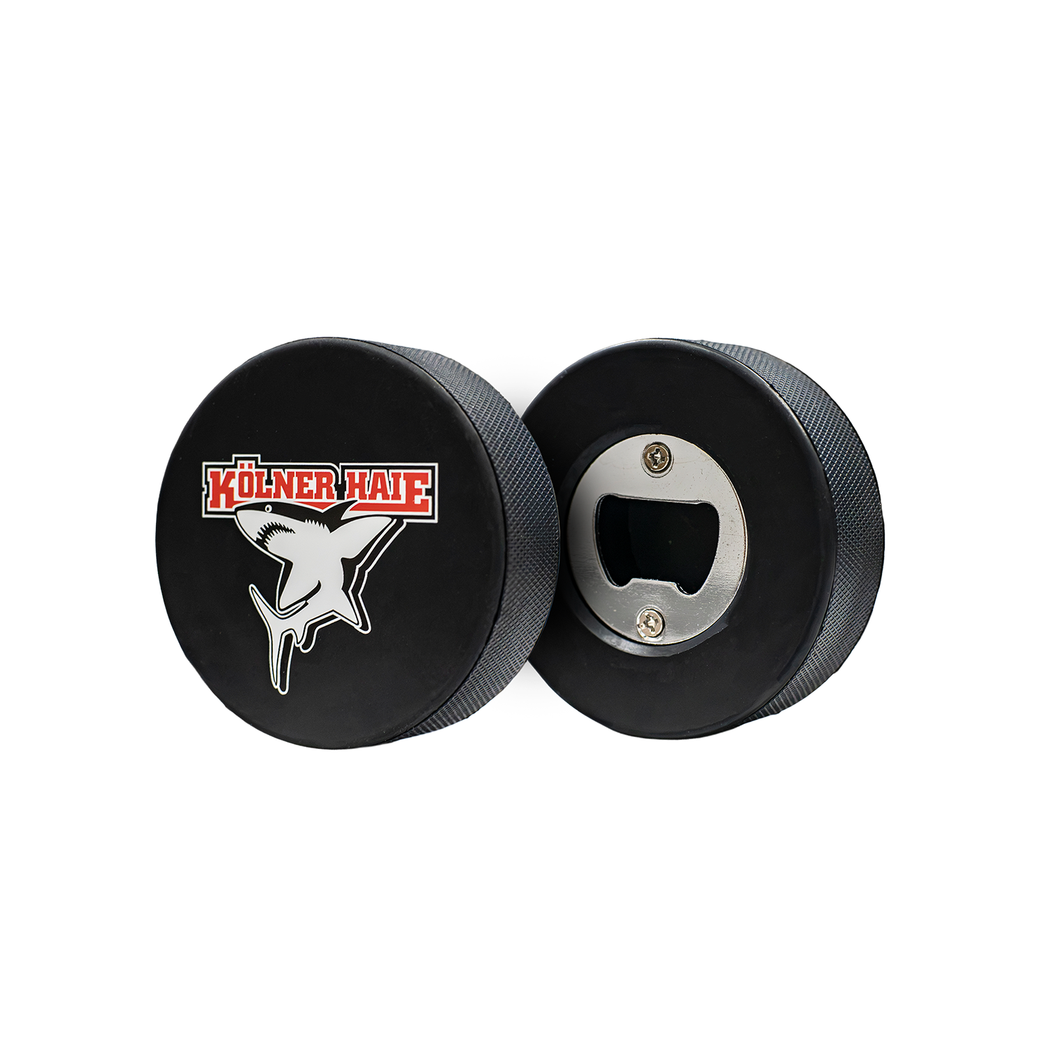Eishockey-Puck, Flaschenöffner, schwarz, Metallöffner, Hai-Motiv