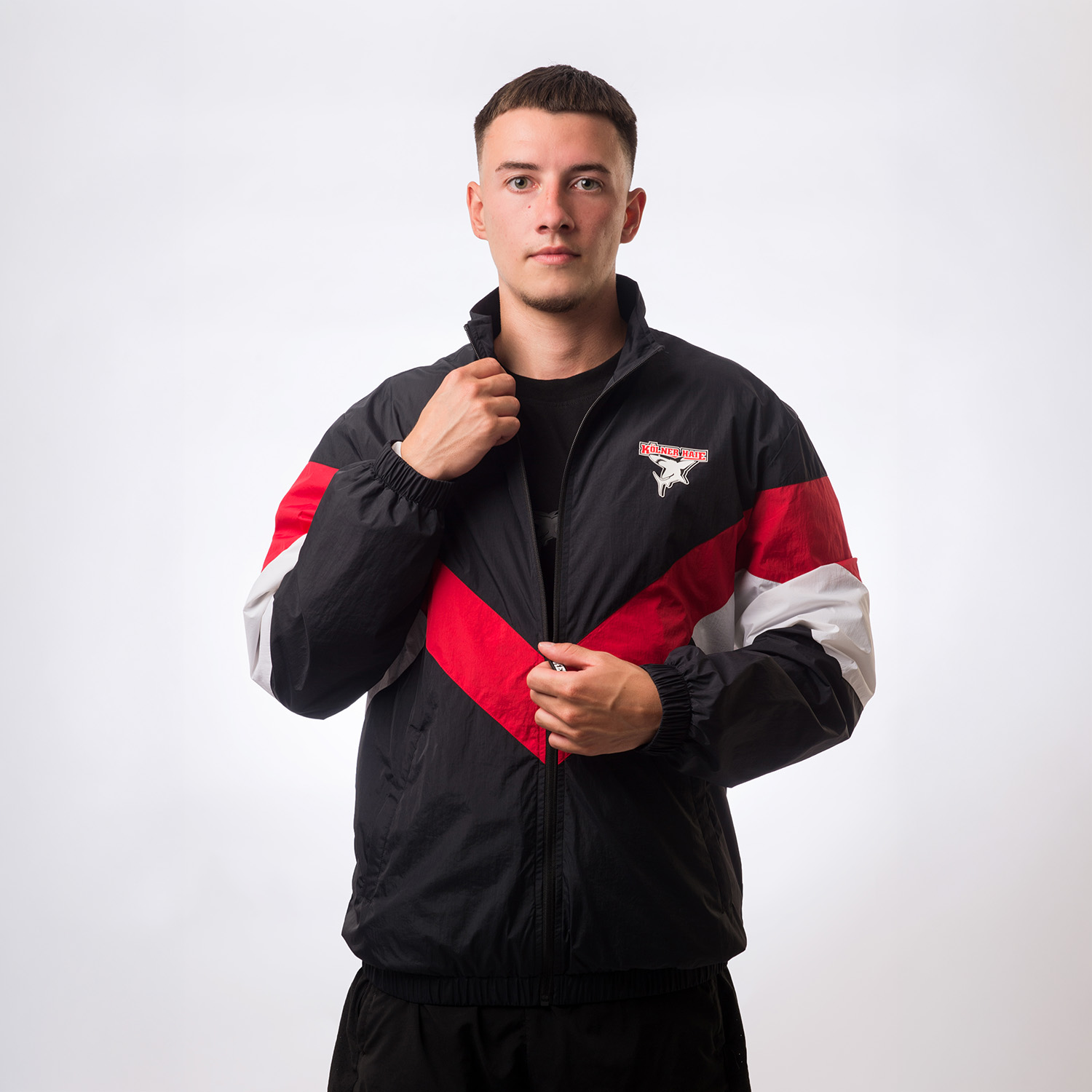 Windbreaker, Jacke, Schwarz, Roter Streifen, Athletisch