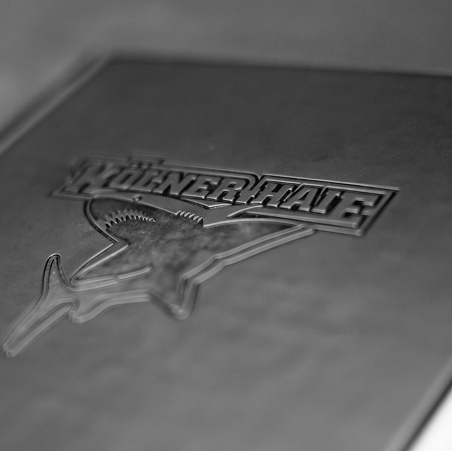 Detailansicht Logo: Schwarzes Notizbuch mit Ton-in-Ton geprägtem Kölner Haie-Logo auf dem Cover