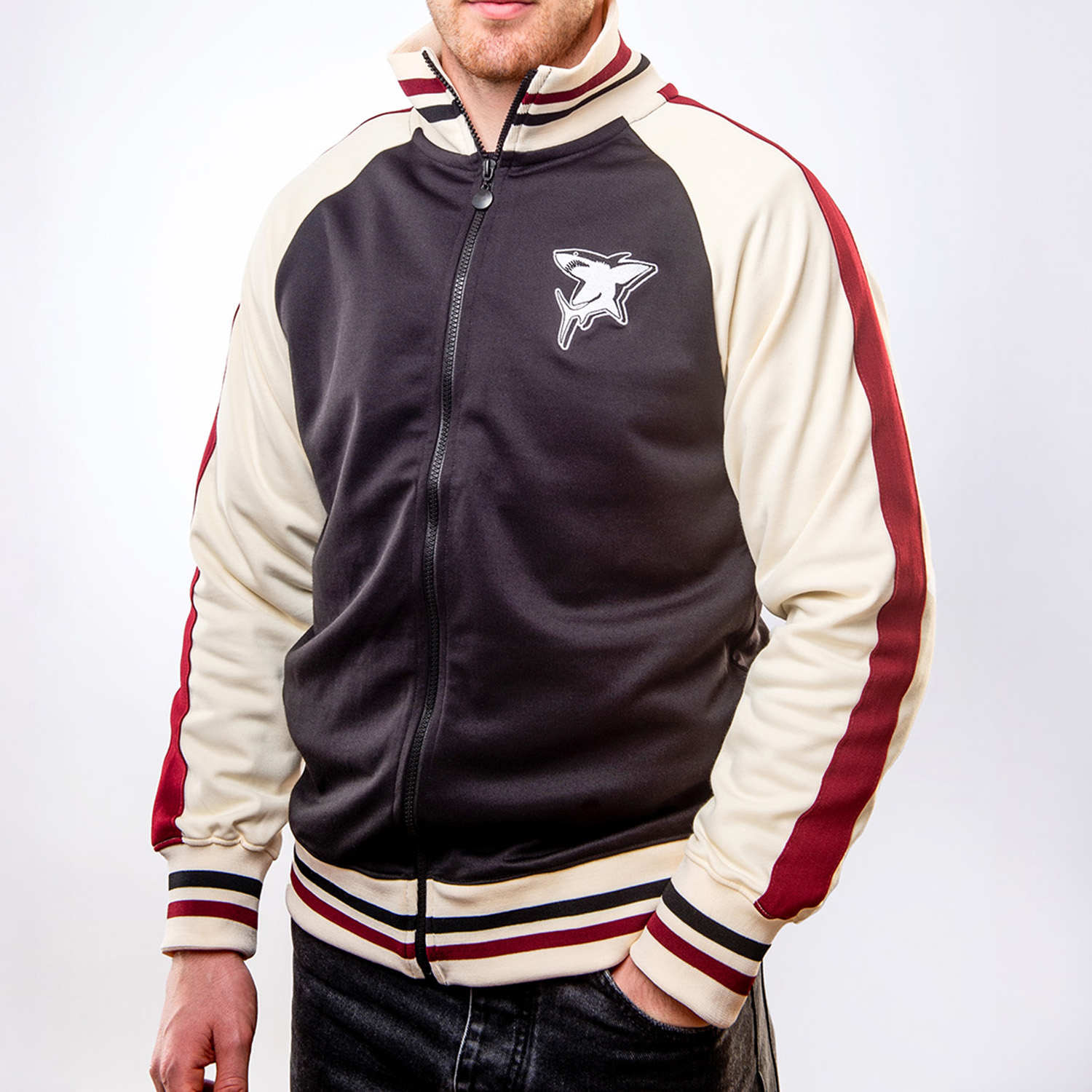 Jersey, Bomber, Reißverschluss, Schwarz, Beige