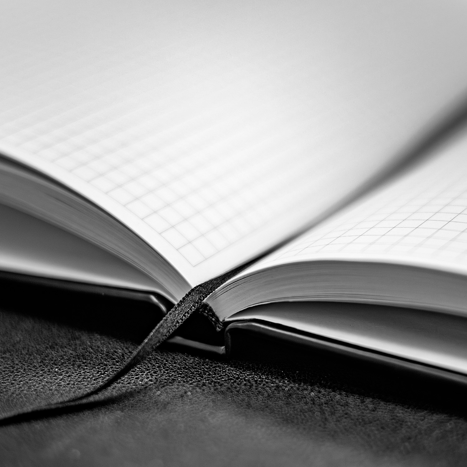 Detailansicht Satinleseband: Schwarzes Notizbuch mit schwarzem Satinleseband und karierten Seiten