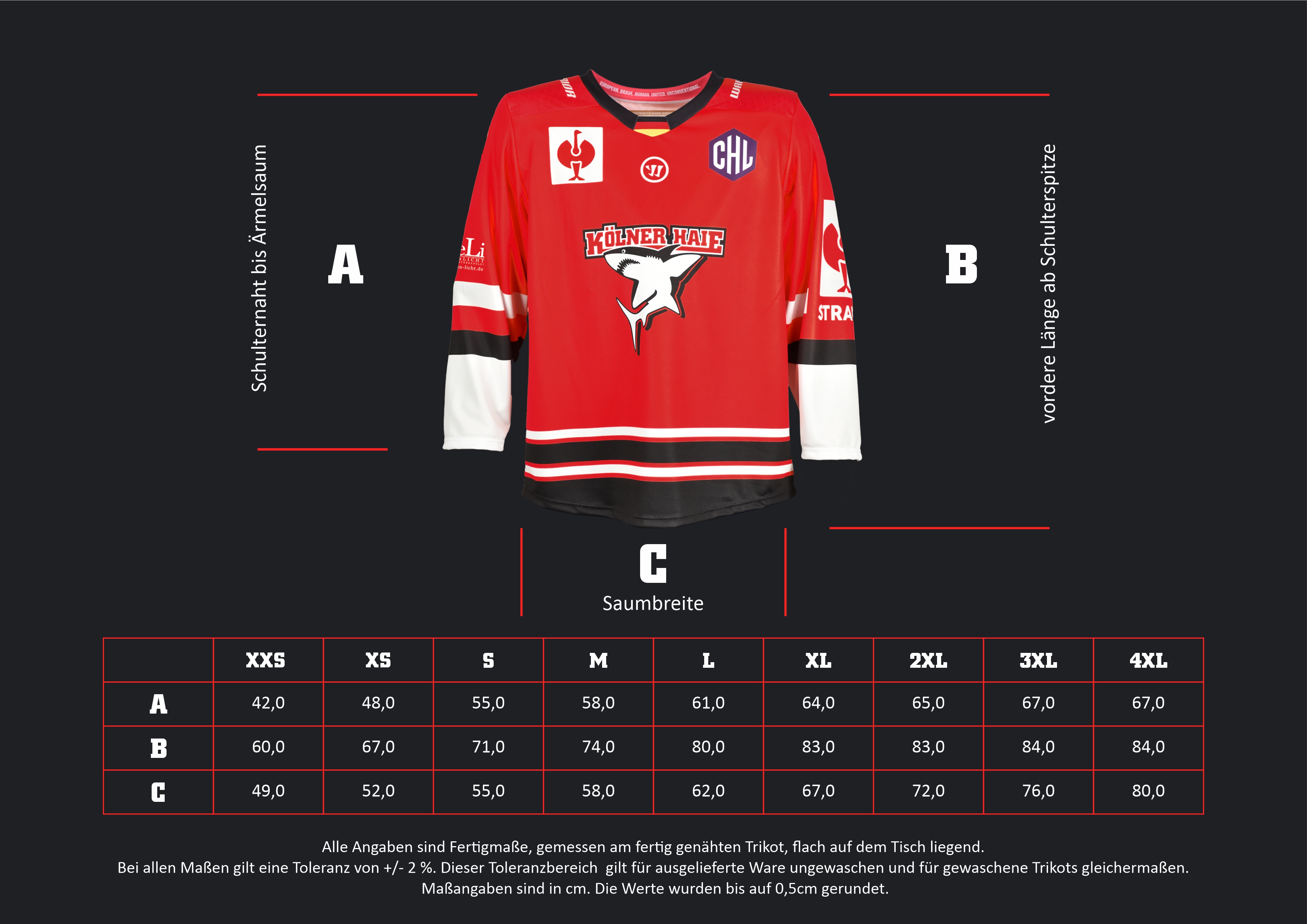 Eishockey-Trikot, rotes Trikot, langarmiges Trikot, Team-Logo, gestreifte Ärmel