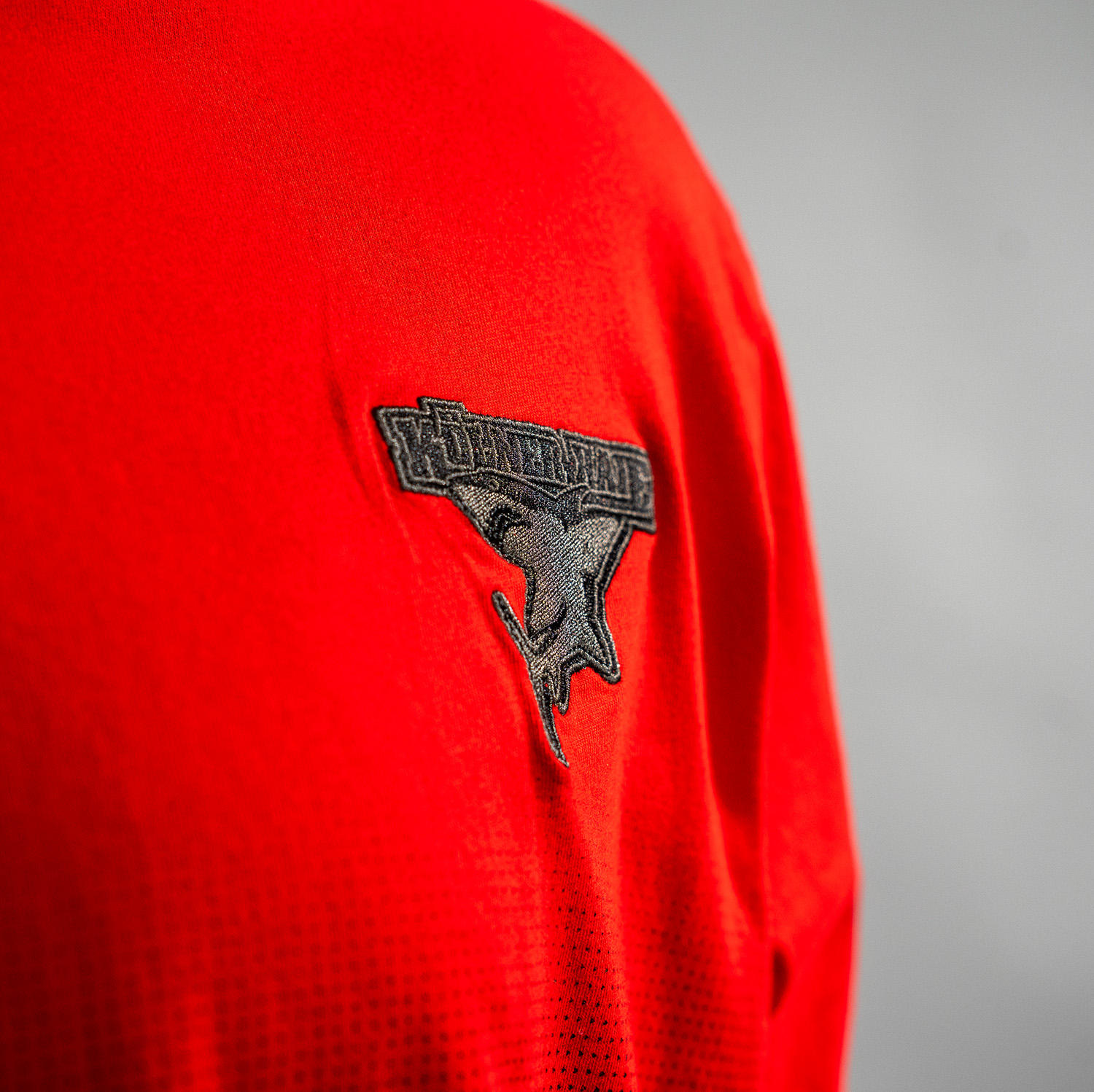 Detailansicht grau gesticktes Kölner Haie-Logo auf roten T-Shirt.