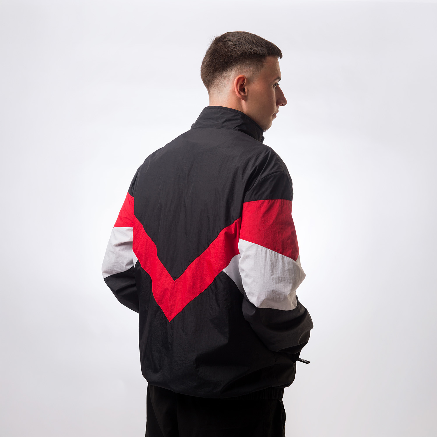 jacke, windbreaker, farbblock, roter streifen, reversfarben