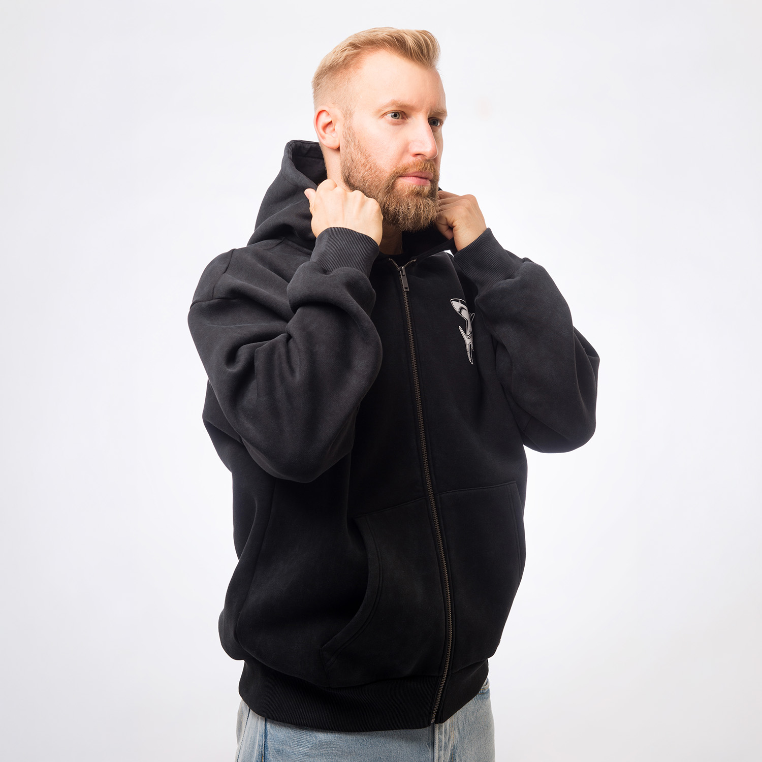 Hoodie, Schwarzer Hoodie, Reißverschluss-Hoodie, Vorne Tasche, Bart