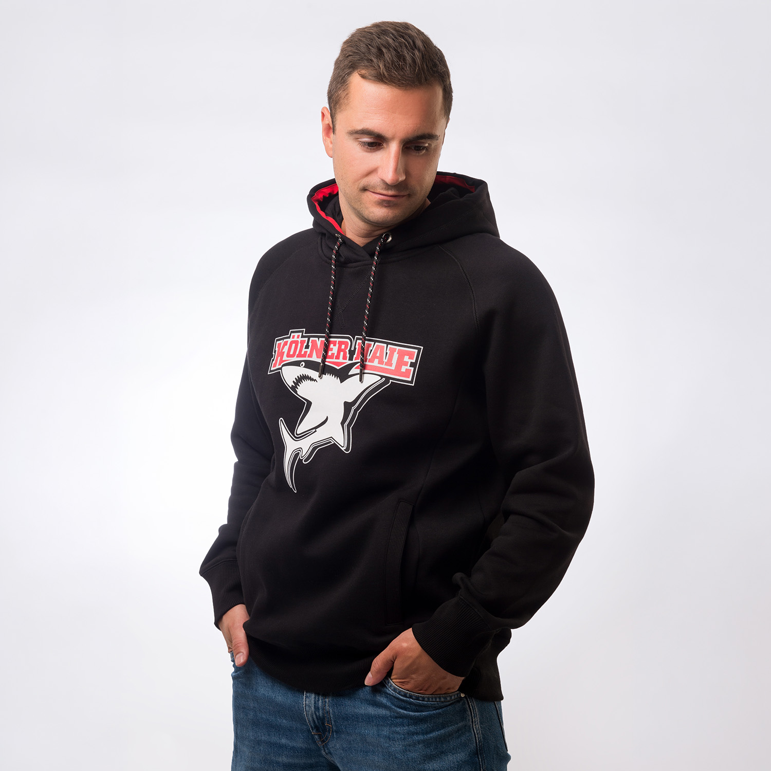 hoodie, schwarz, kordel, logo, tasche