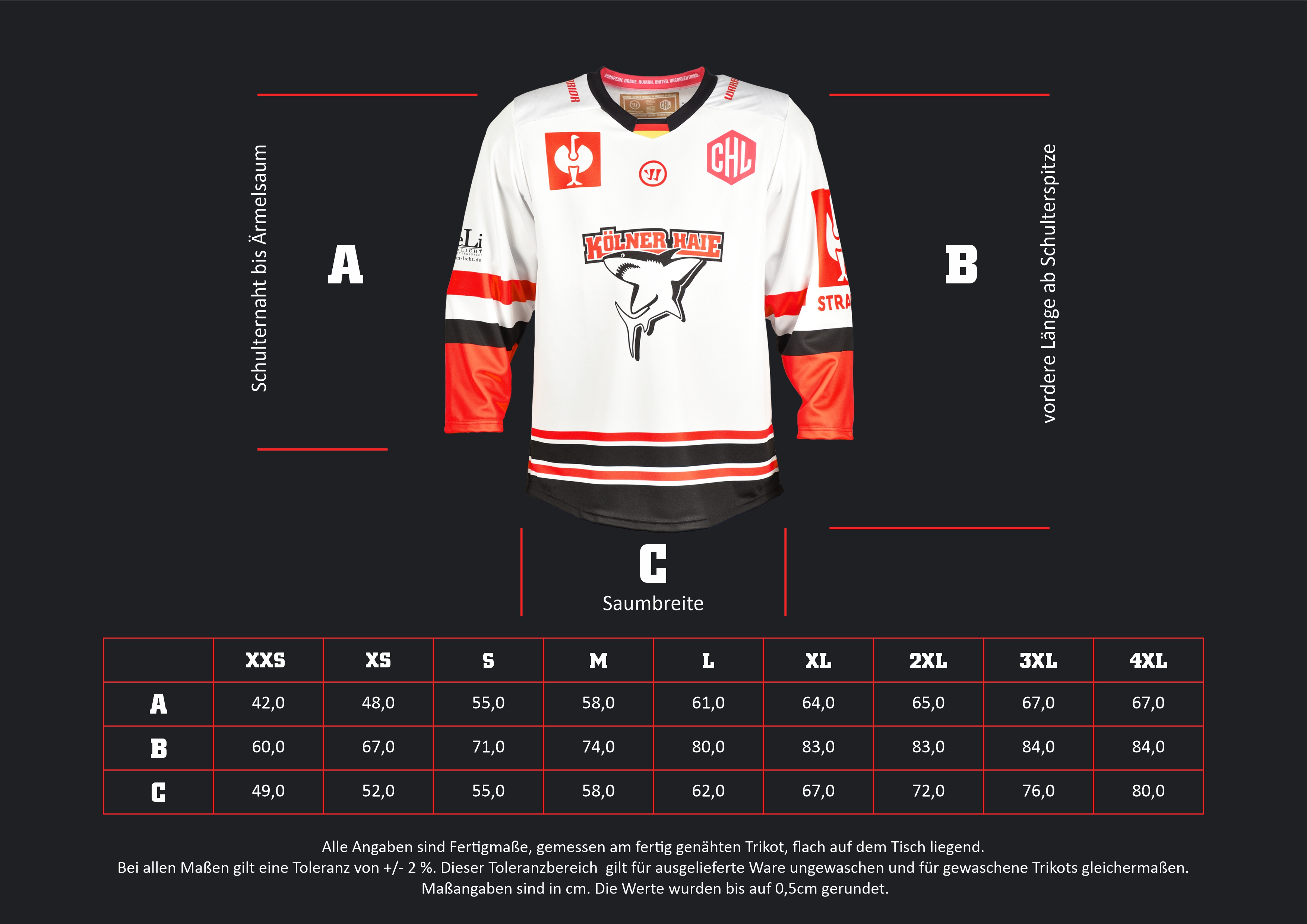 Eishockey-Trikot, Kölner Haie, Weißes Trikot, Rote Ärmel, Schwarz-rote Streifen