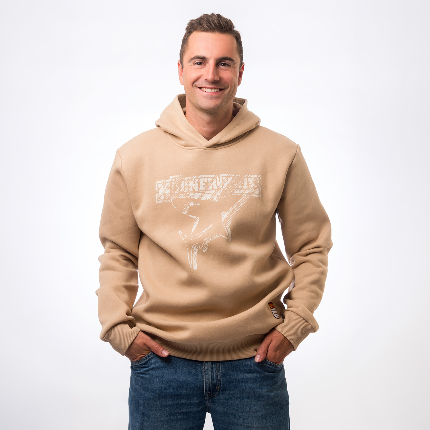 Hoodie, Beige, Kängurutasche, Pullover, Grafikdruck
