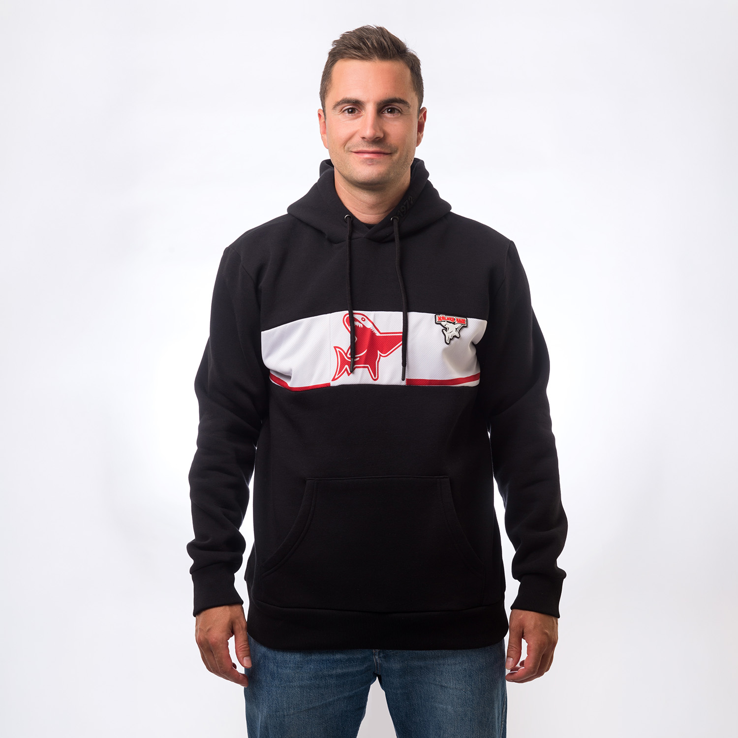 Hoodie, Pullover, Kapuzenpullover, Schwarz, Grau-weißes Band-Design
