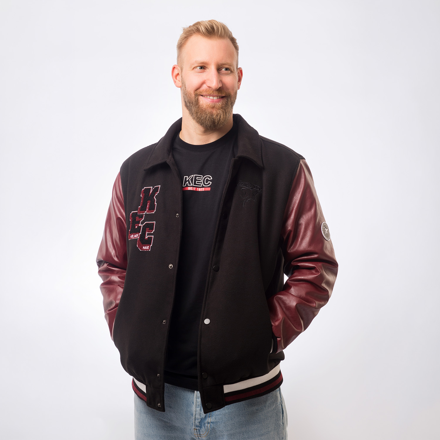 Jacket, Varsity jacket, Lederärmel, Schwarz-rot, Kapuzenfrei