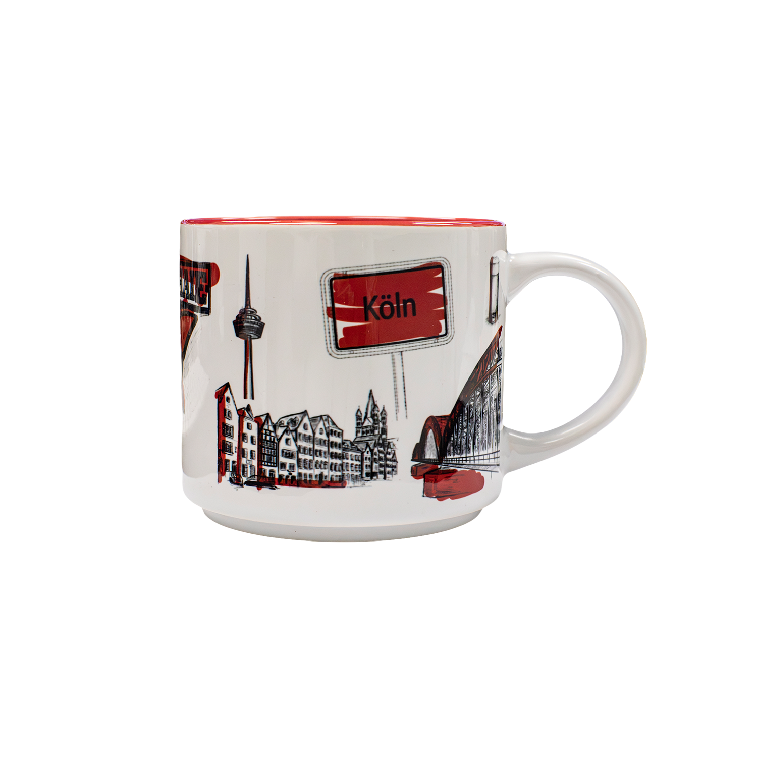 Keramiktasse, weiß, Köln-Motiv, Stadtansicht, roter Rand