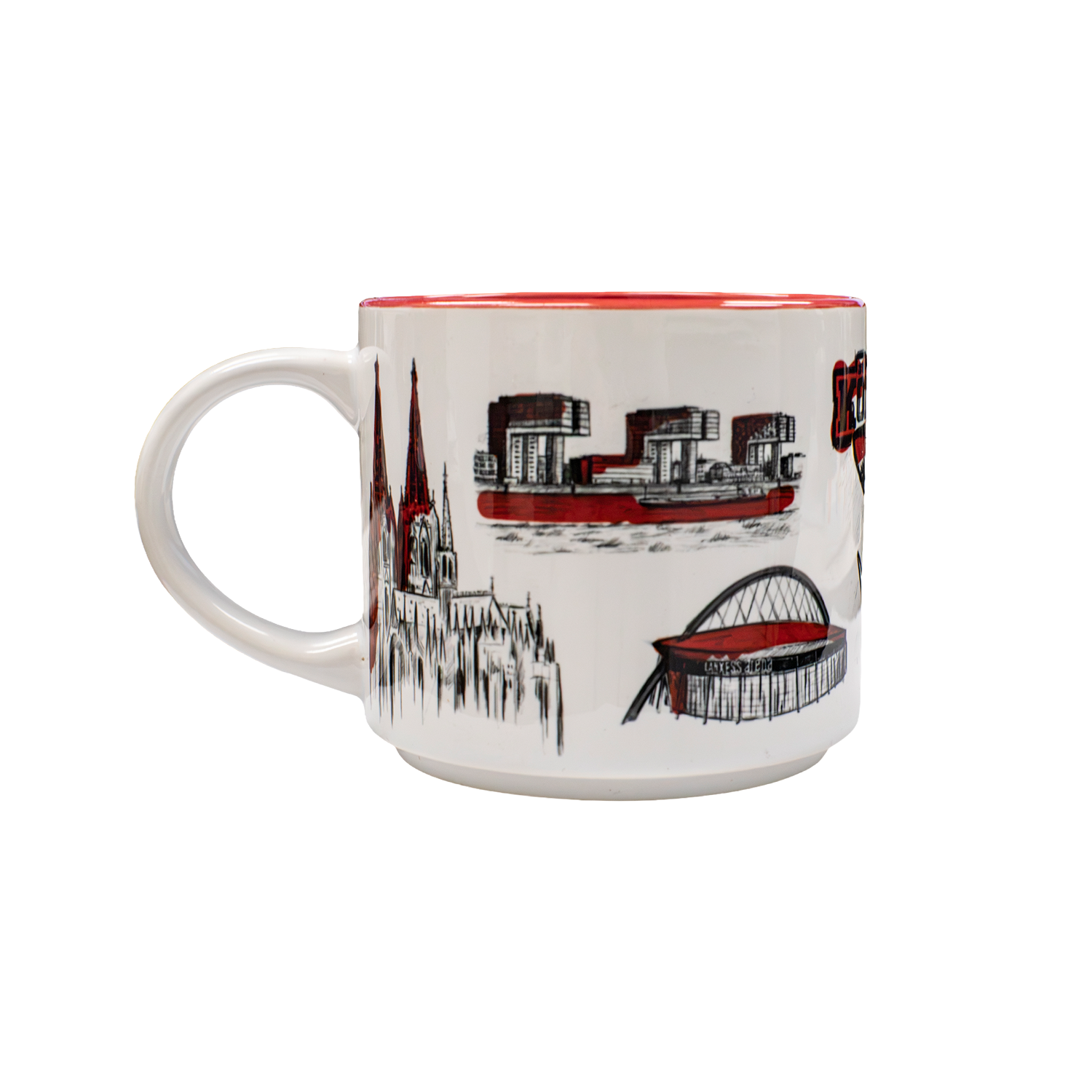 Keramiktasse, weiße Tasse, roter Rand, Stadtmotiv, Gebäudeillustration