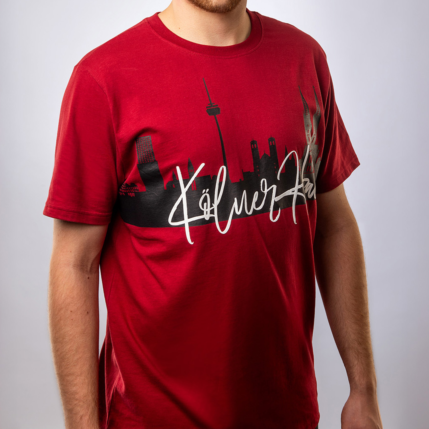 T-shirt, Rot, Grafik, Kurzarm, Stadt skyline