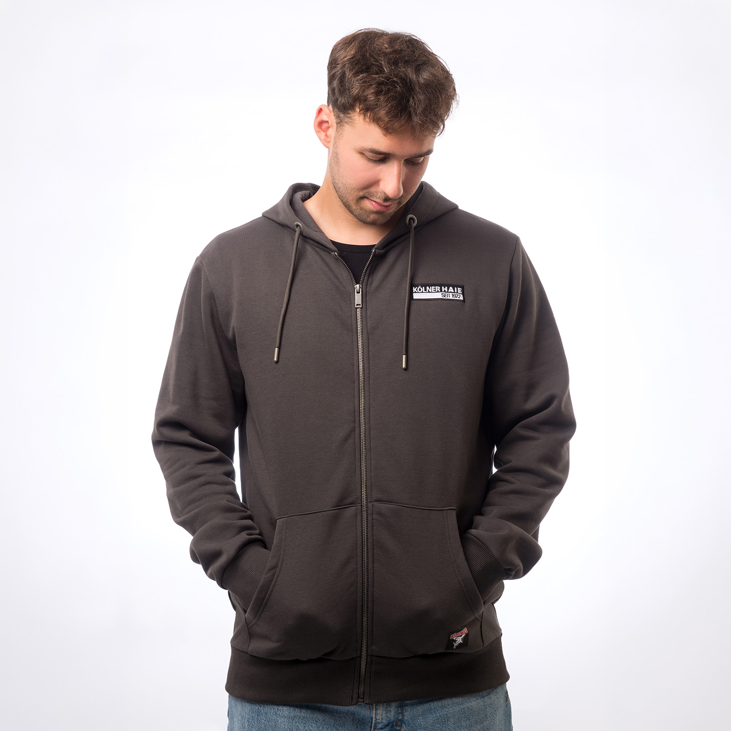 Hoodie, Reißverschluss, Vorne Tasche, Dunkelgrau, Langarm