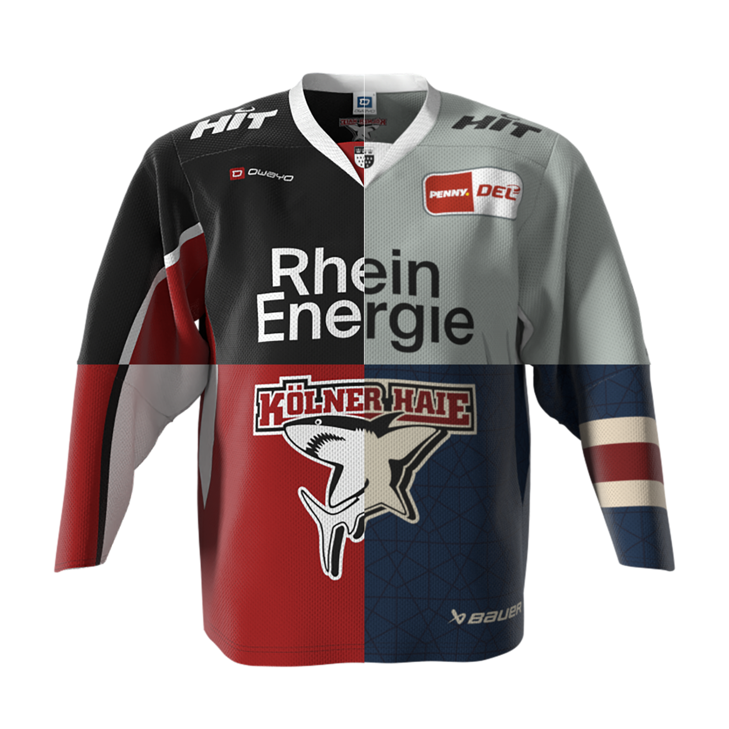 Eishockeytrikot in Collage-Optik, bestehend aus vier verschiedenen Trikotdesigns der Kölner Haie. Oben links: schwarzes Home-Trikot der Saison 2024-25 mit weißem „RheinEnergie“-Schriftzug, Kölner Haie-Logo und rotem Akzent unter den Ärmeln. Oben rechts: g