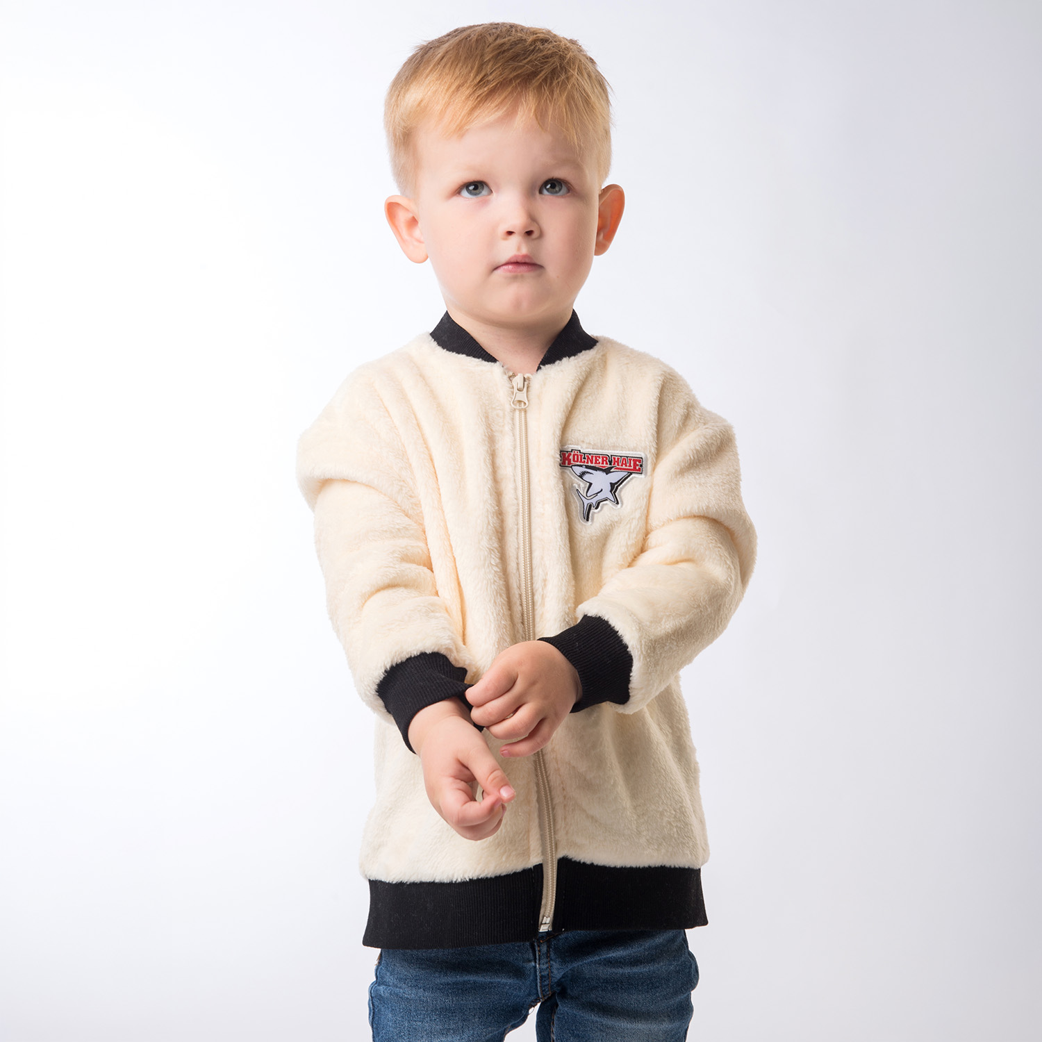 Kinderjacke, Fleece, Reißverschluss, Beige, Patch