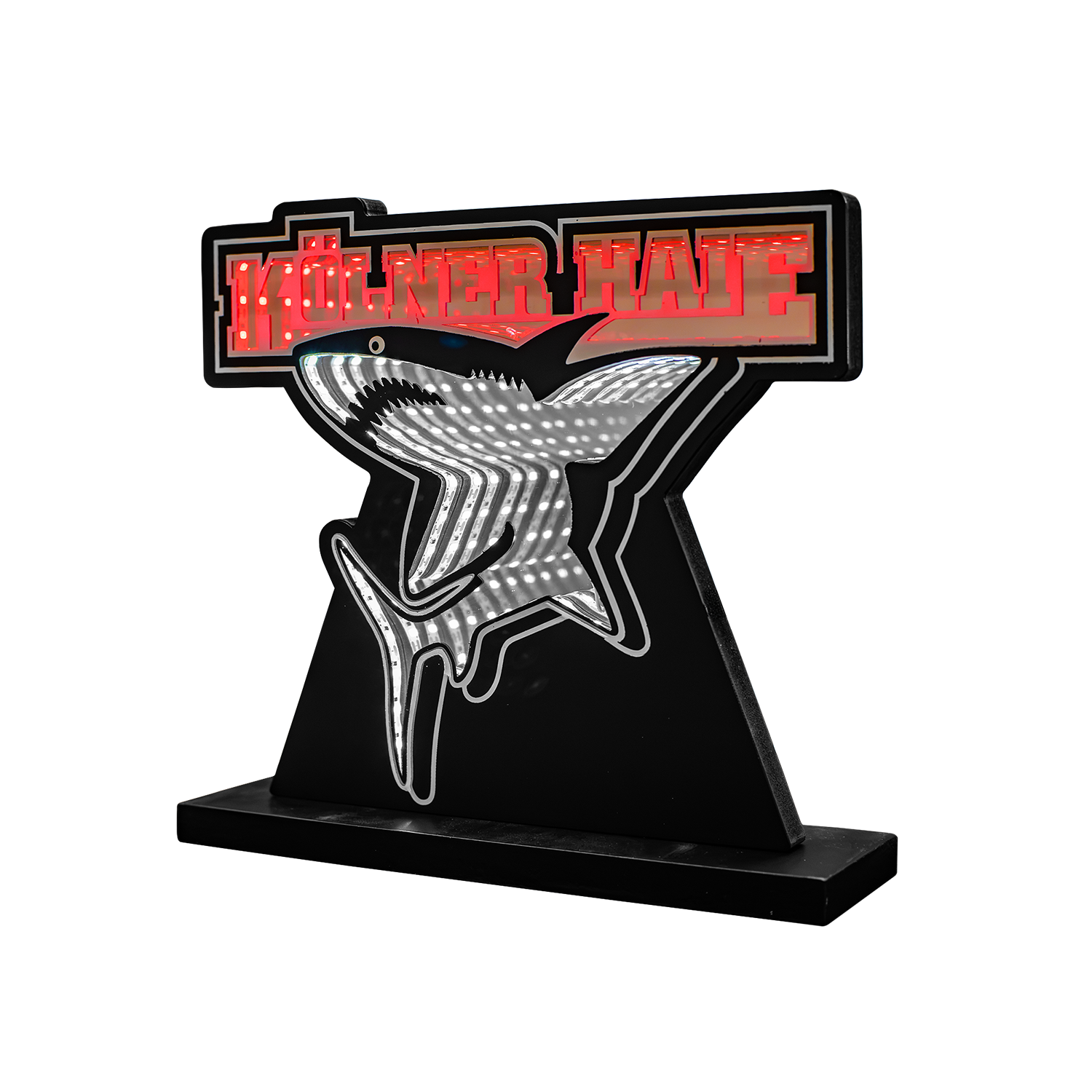 Leuchtreklame, LED-Schild, schwarzer Standfuß, rotes Schriftmotiv, Vogelmotiv